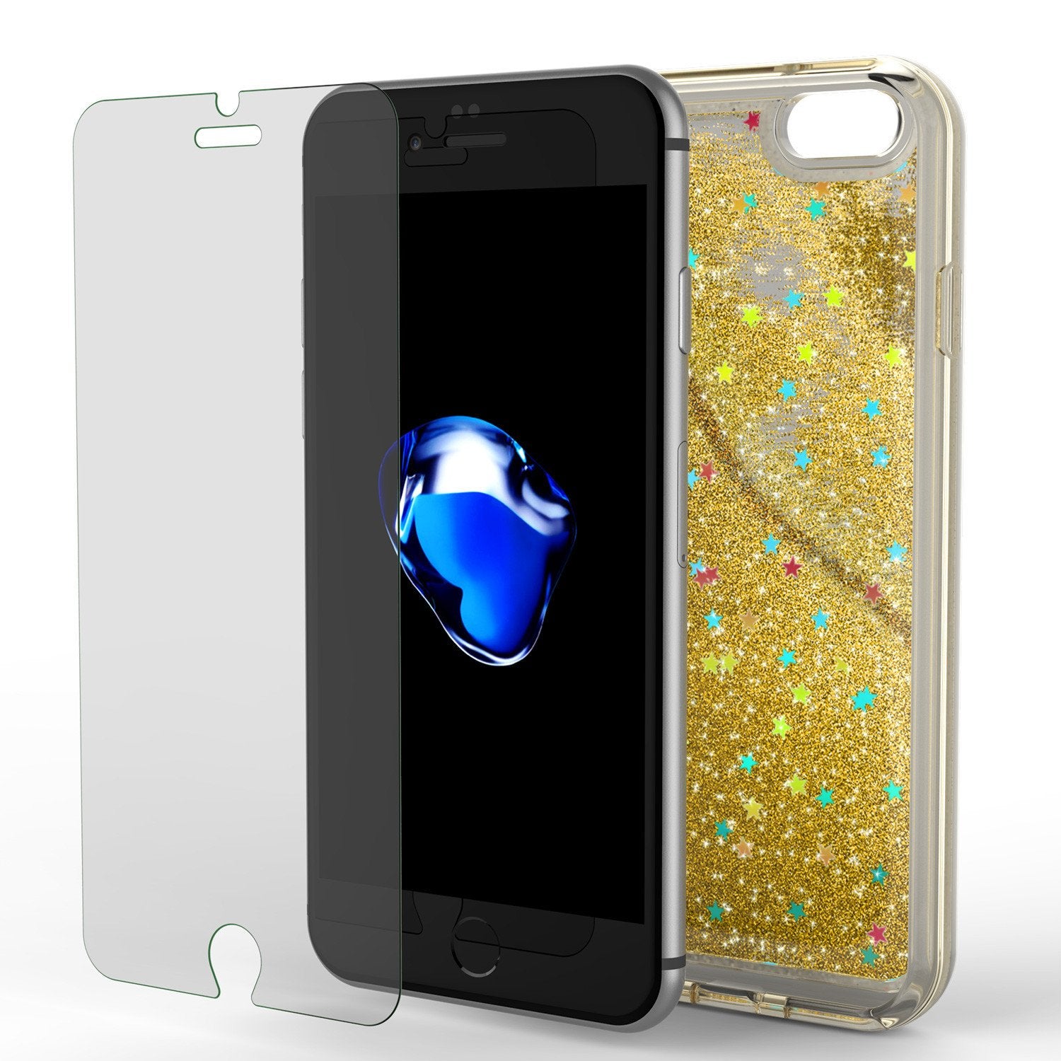 iPhone 7 Case, Punkcase [Liquid Gold Series] Protective Dual Layer Floating Glitter Cover with lots of Bling & Sparkle + 0.3mm Tempered Glass Screen Protector for Apple iPhone 7s