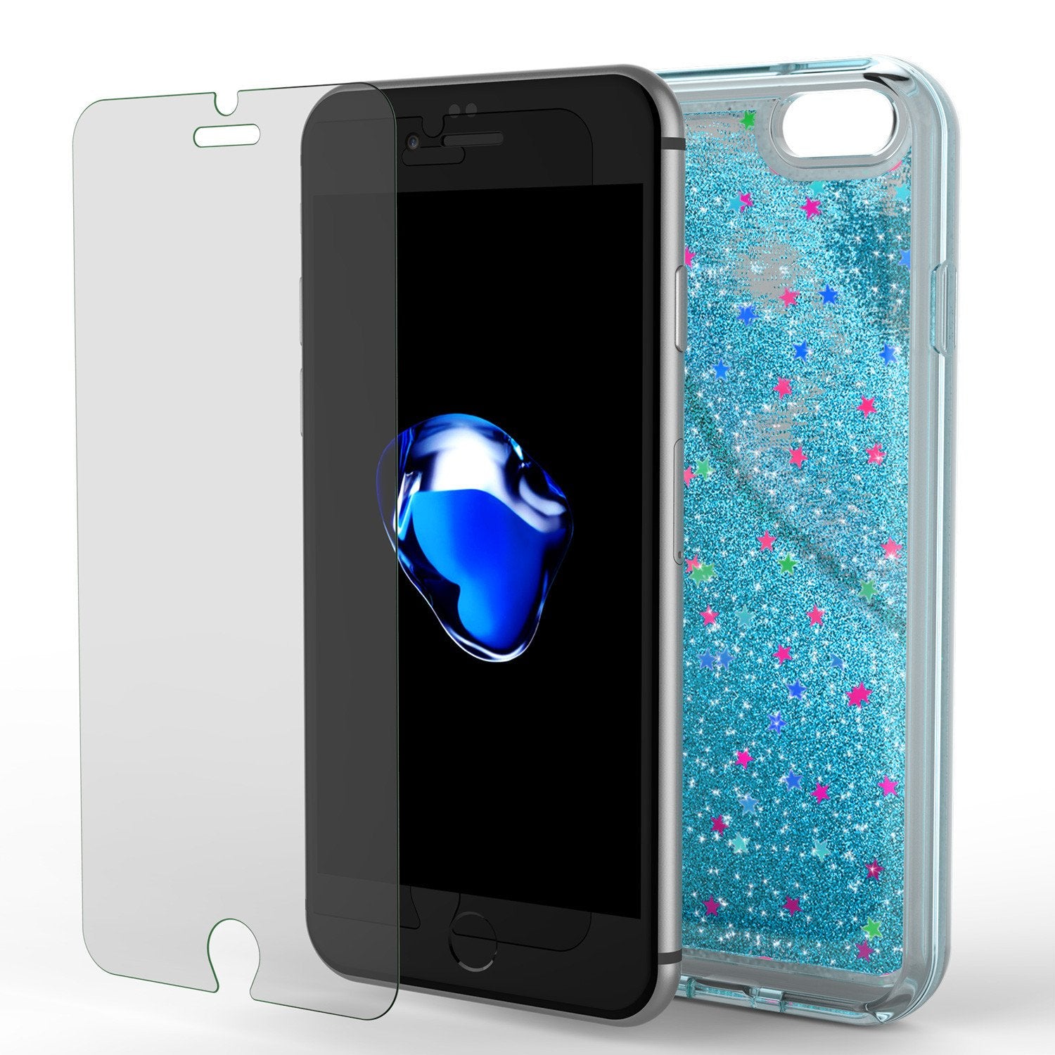 iPhone 7 Case, Punkcase [Liquid Teal Series] Protective Dual Layer Floating Glitter Cover with lots of Bling & Sparkle + 0.3mm Tempered Glass Screen Protector for Apple iPhone 7s