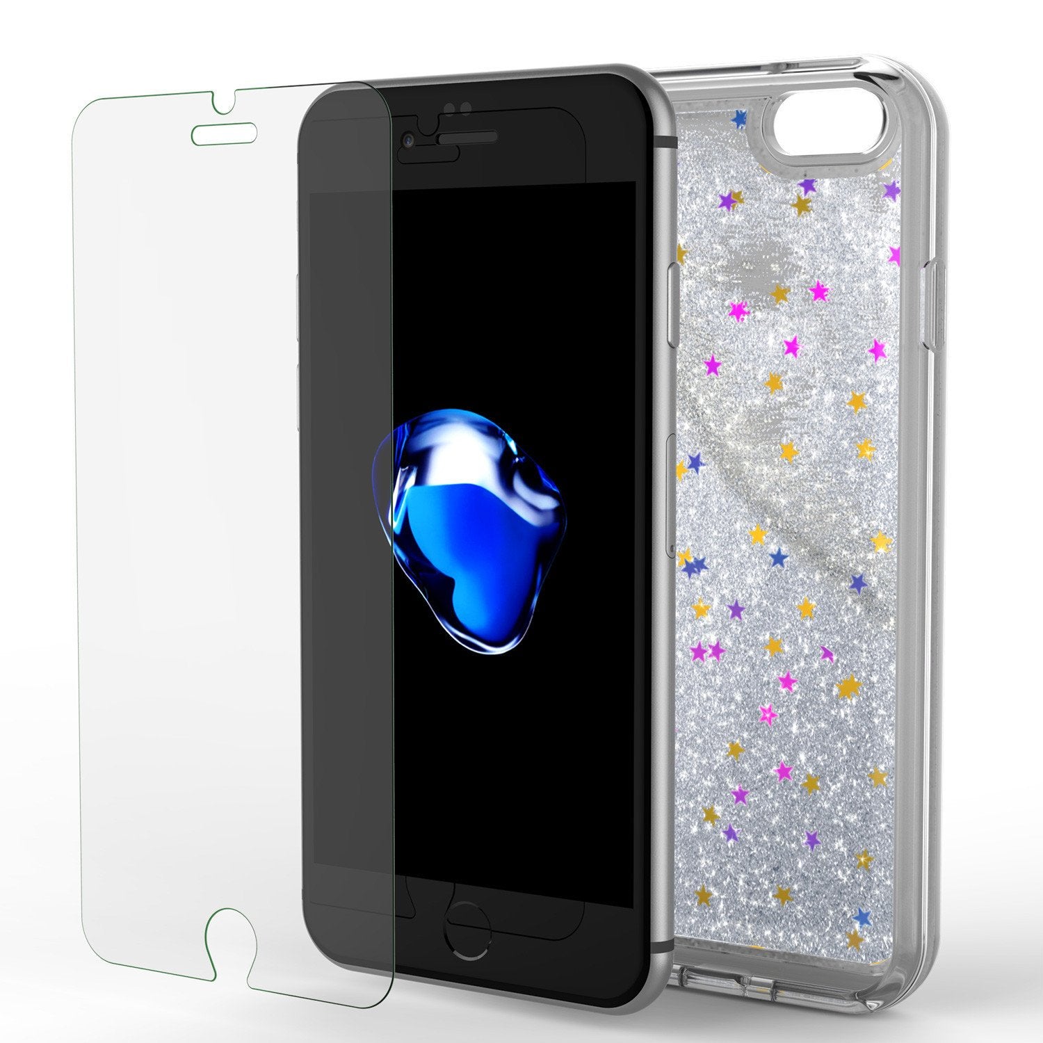 iPhone 7 Case, Punkcase [Liquid Silver Series] Protective Dual Layer Floating Glitter Cover with lots of Bling & Sparkle + 0.3mm Tempered Glass Screen Protector for Apple iPhone 7s