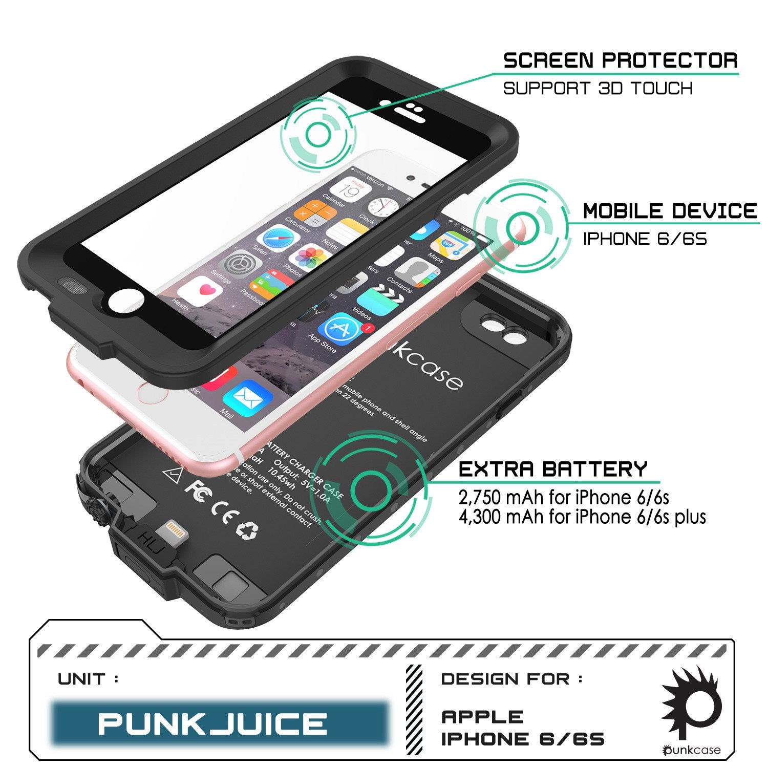 PunkJuice iPhone 6/6s Battery Case Black Waterproof Power Juice Bank w/ 2750mAh  | Fastcharging