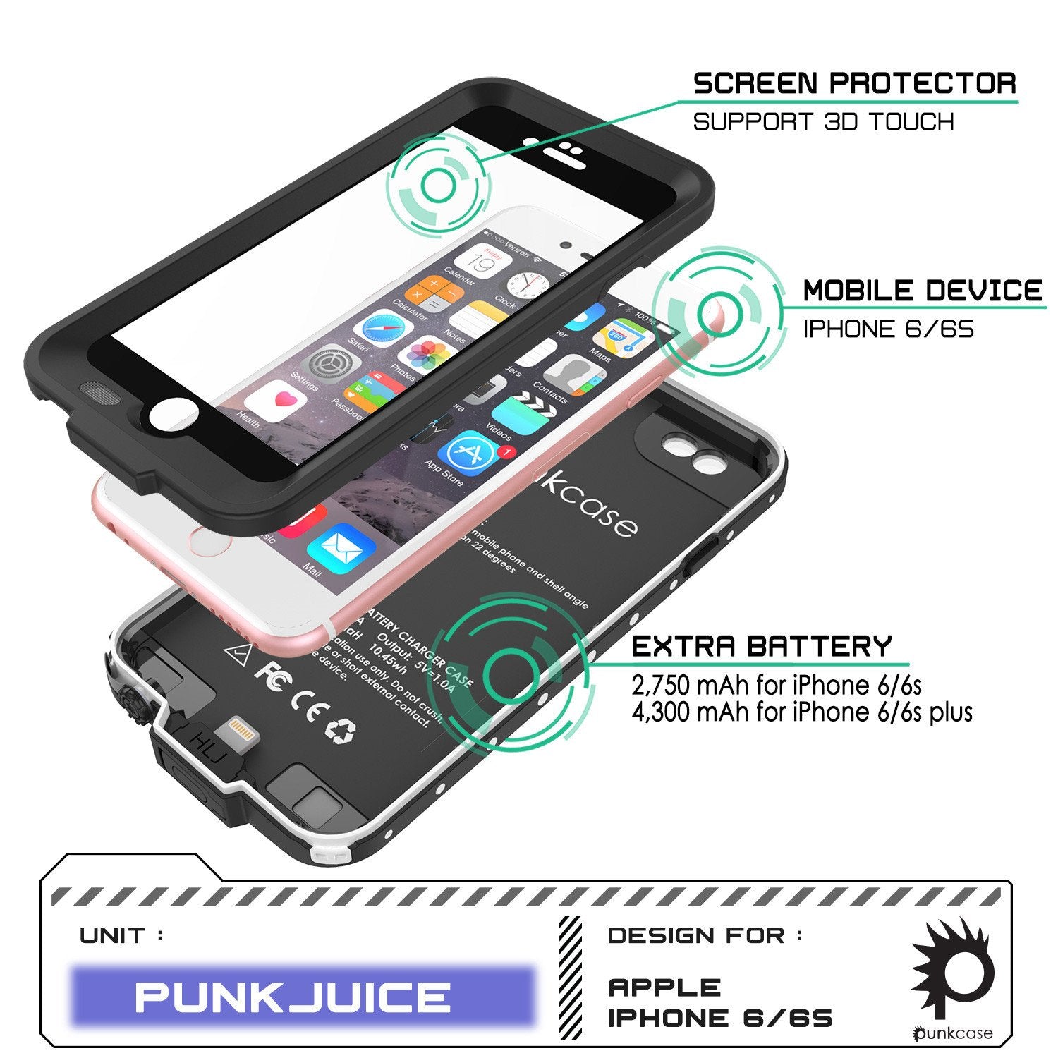 PunkJuice iPhone 6+ Plus/6s+ Plus Battery Case White - Waterproof Power Juice Bank w/ 4300mAh