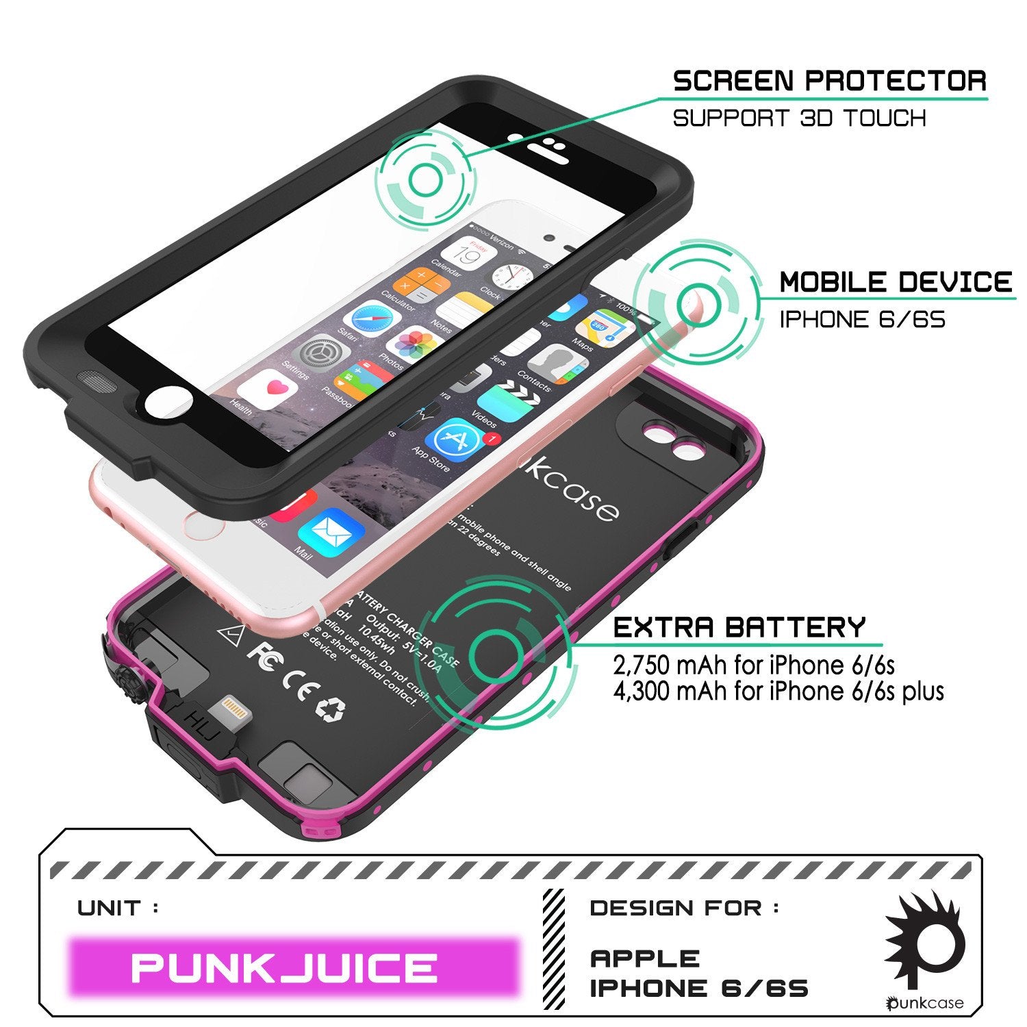 PunkJuice iPhone 6/6s Battery Case Pink Waterproof Power Juice Bank w/ 2750mAh  | Fastcharging