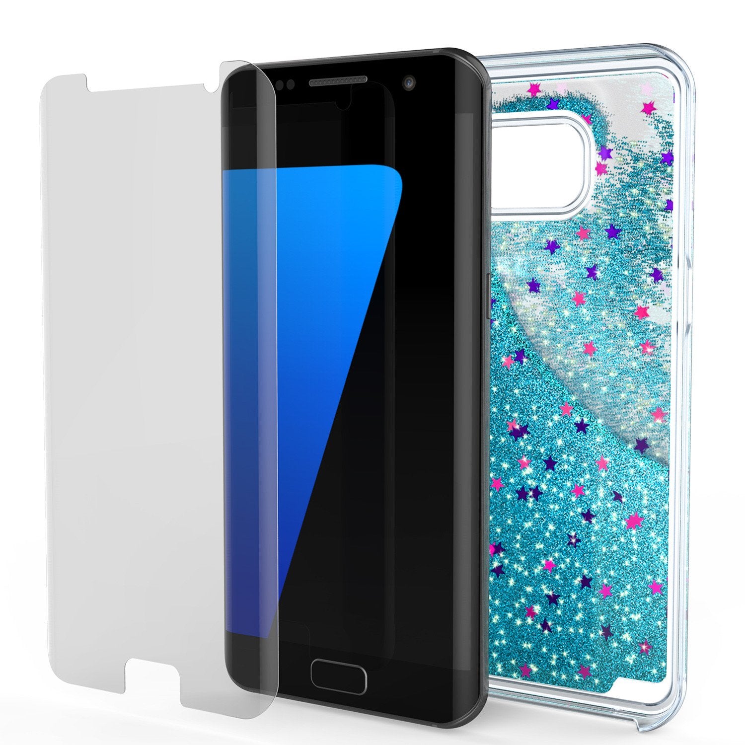 S7 Edge Case, Punkcase [Liquid Teal Series] Protective Dual Layer Floating Glitter Cover with lots of Bling & Sparkle + PunkShield Screen Protector