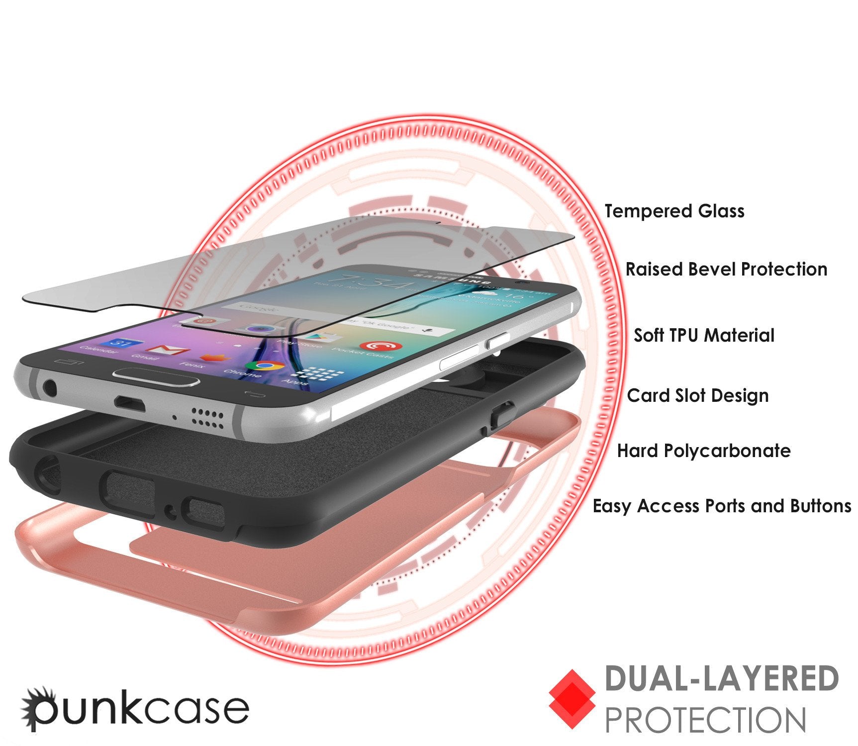 Galaxy s6 Case PunkCase CLUTCH Rose Gold Series Slim Armor Soft Cover Case w/ Tempered Glass