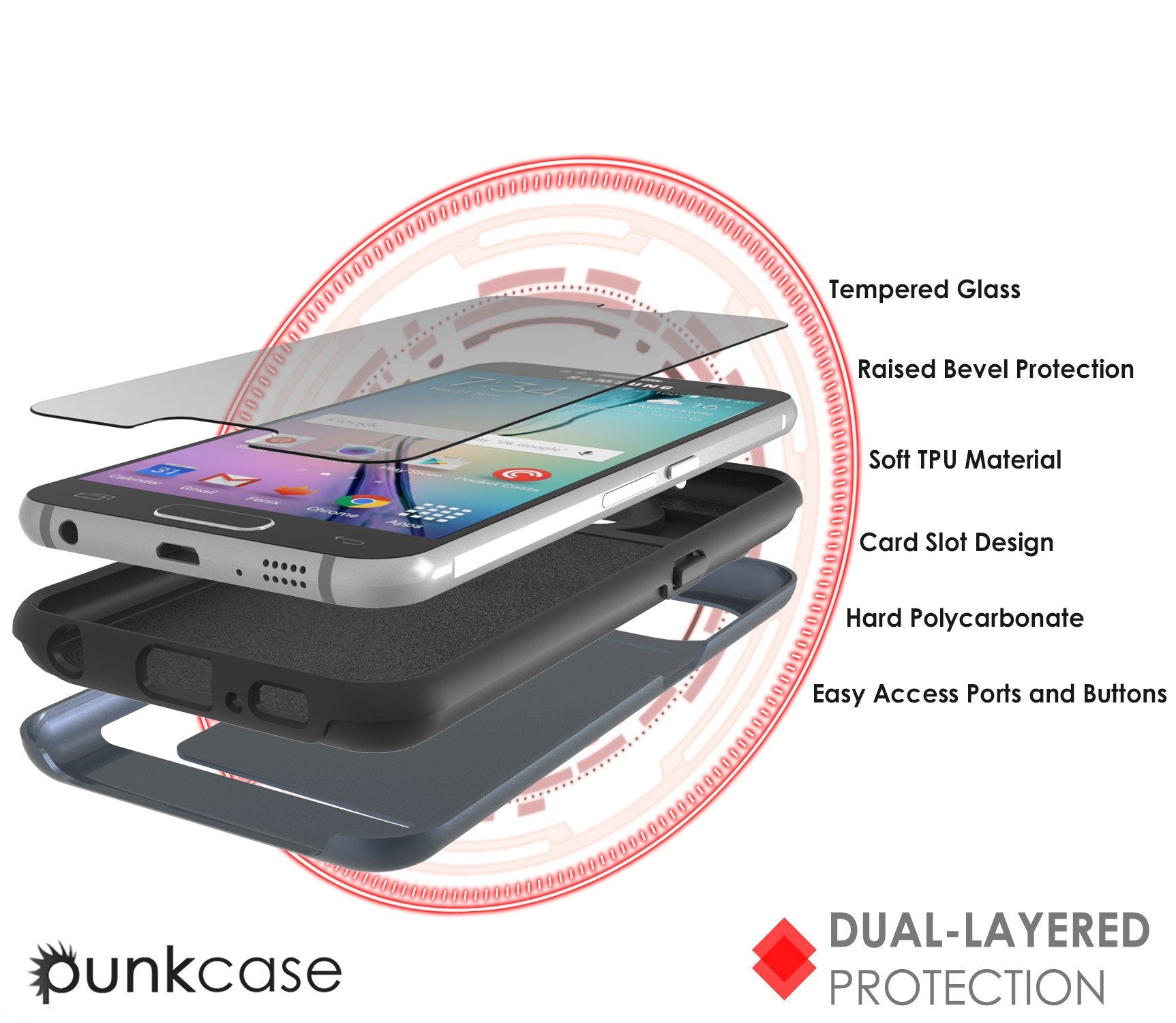 Galaxy s6 Case PunkCase CLUTCH Navy Series Slim Armor Soft Cover Case w/ Tempered Glass