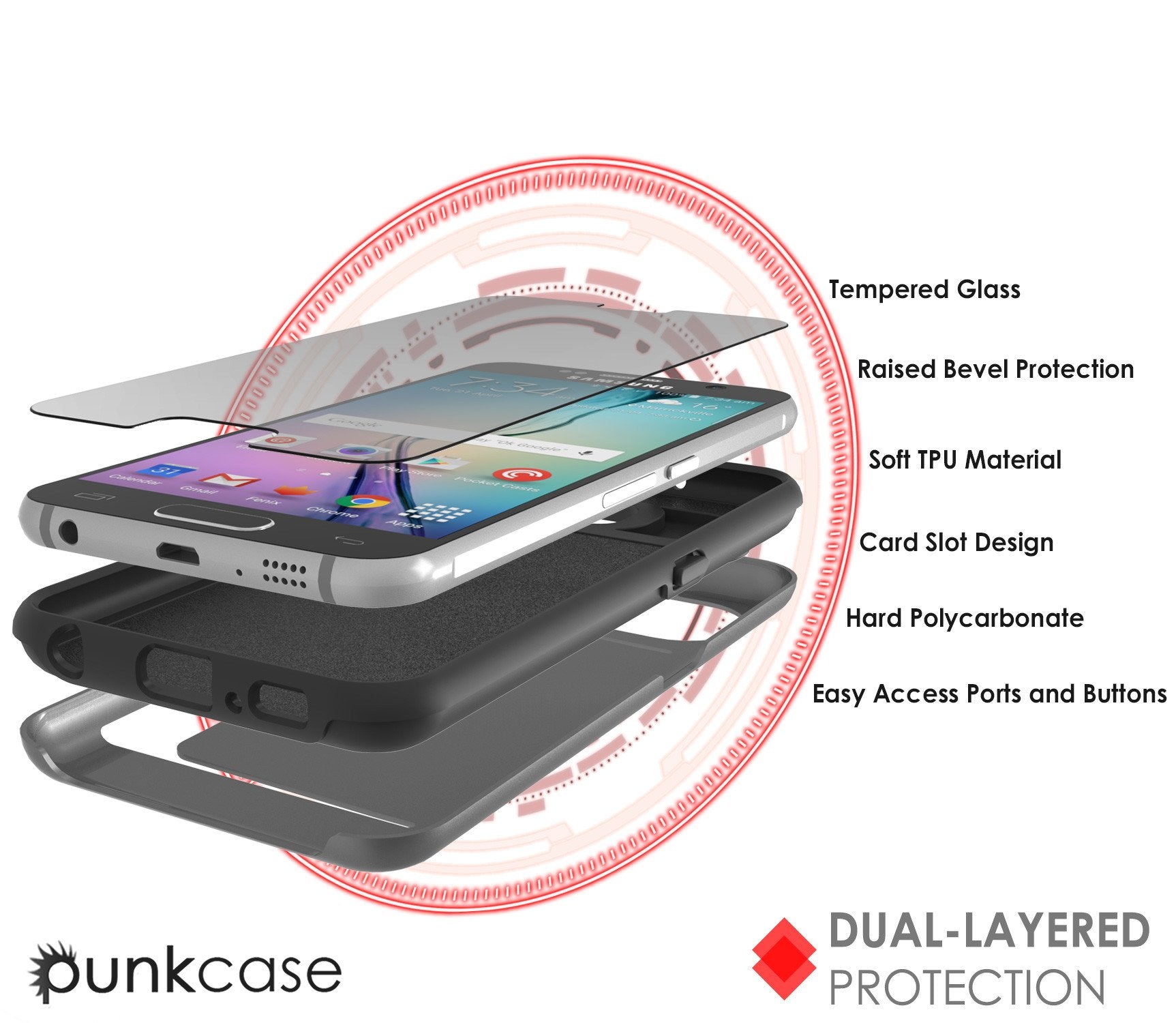 Galaxy s6 Case PunkCase CLUTCH Grey Series Slim Armor Soft Cover Case w/ Tempered Glass