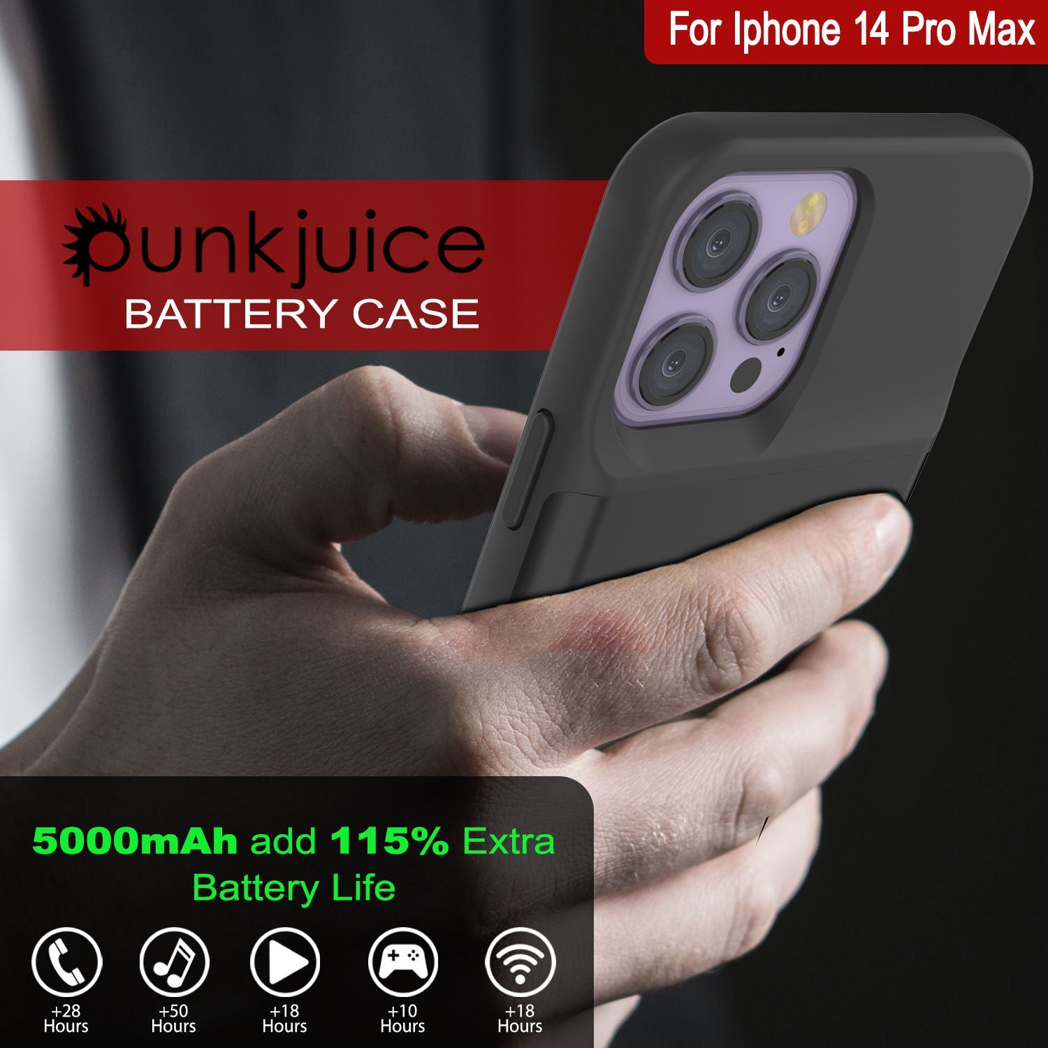 iPhone 14 Pro Max Battery Case, PunkJuice 4800mAH Fast Charging Power Bank W/ Screen Protector | [Black]