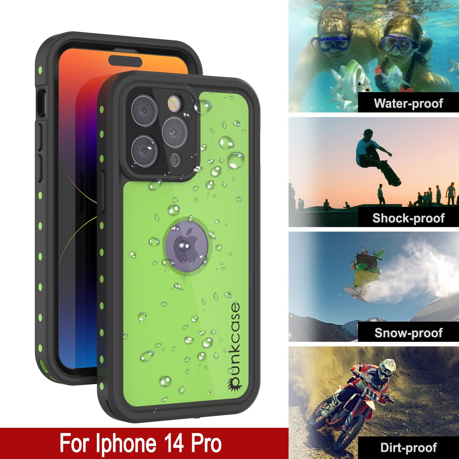 iPhone 14 Pro Waterproof IP68 Case, Punkcase [Light green] [StudStar Series] [Slim Fit] [Dirtproof]