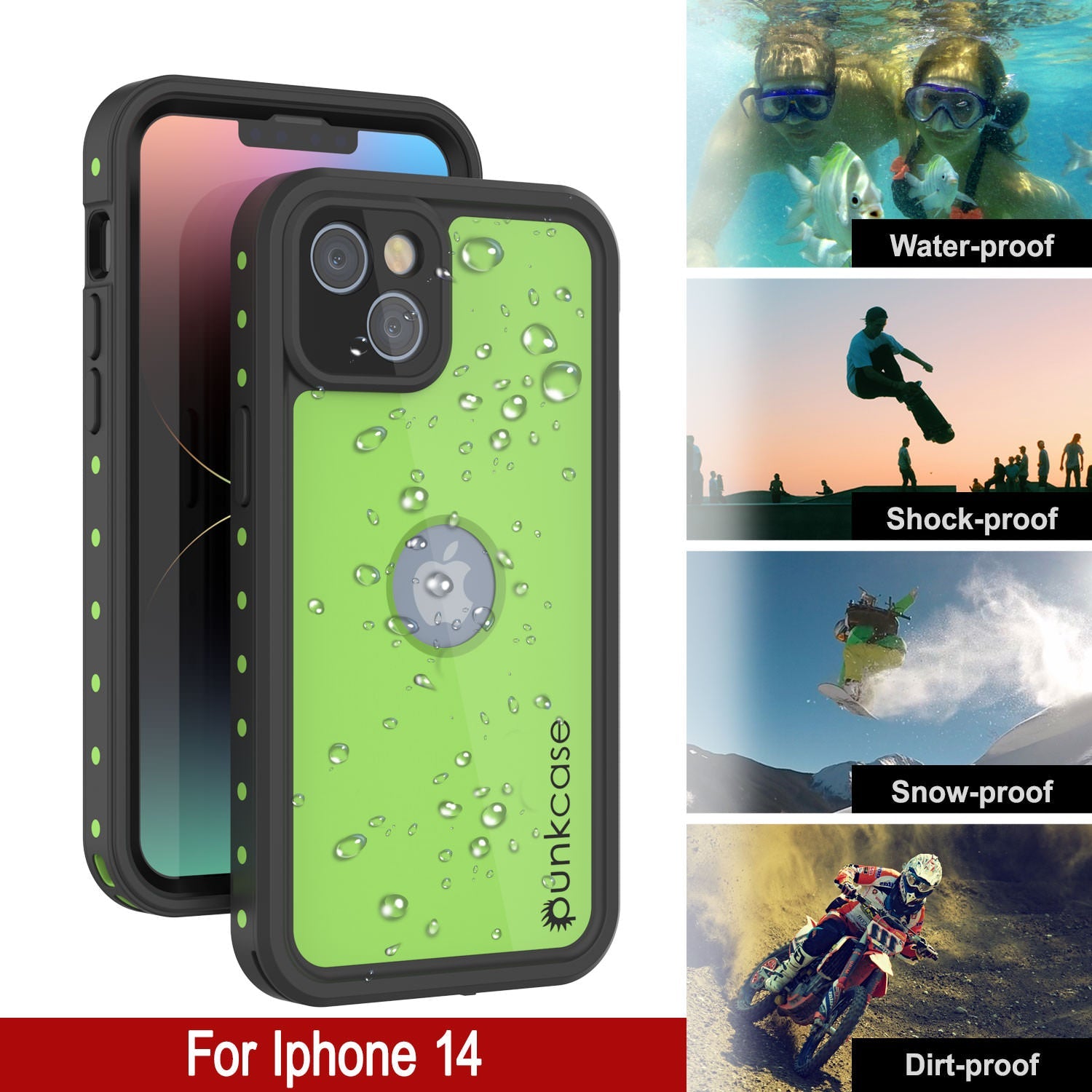 iPhone 14 Waterproof IP68 Case, Punkcase [Light green] [StudStar Series] [Slim Fit] [Dirtproof]