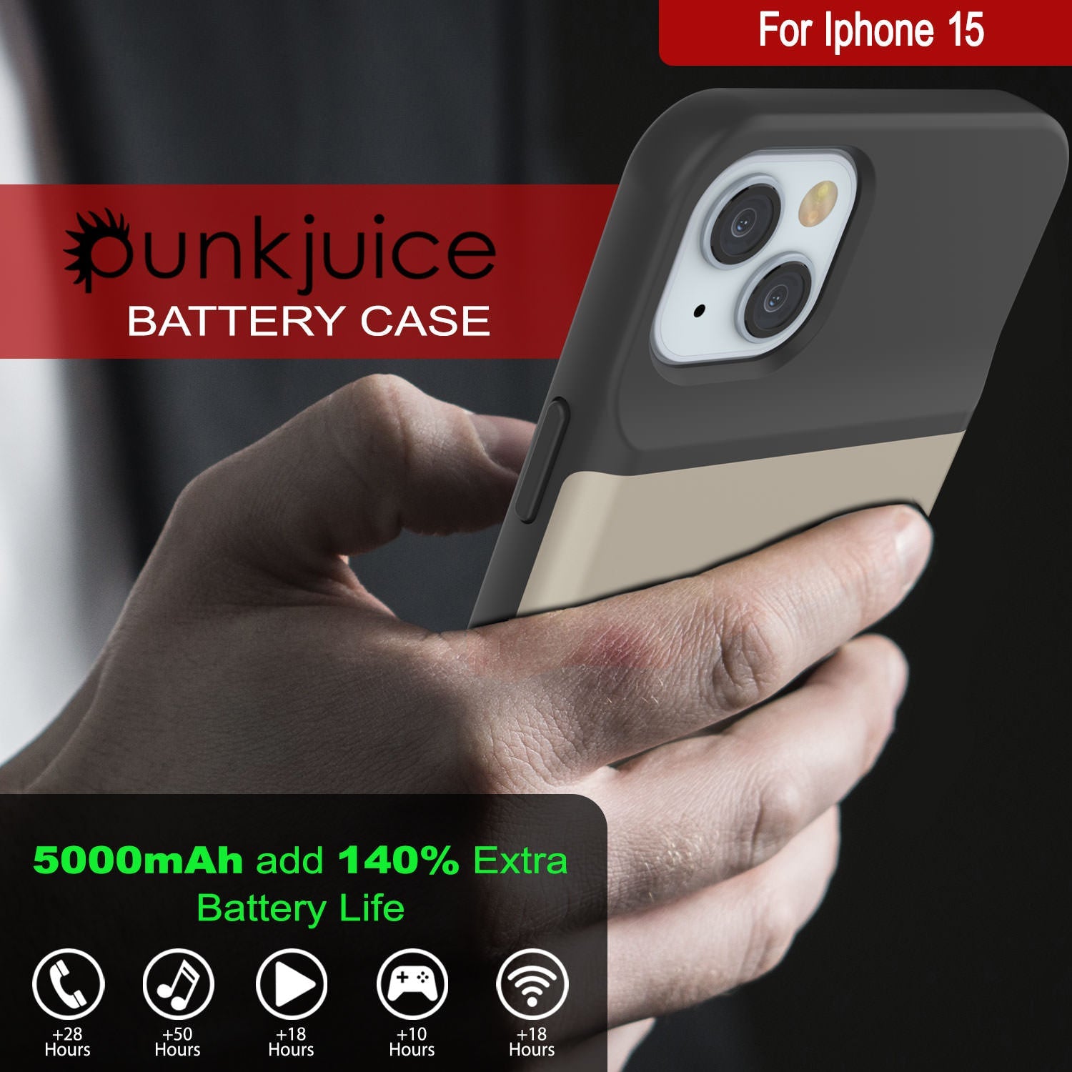 iPhone 15 Battery Case, PunkJuice 5000mAH Fast Charging Power Bank W/ Screen Protector | [Gold]