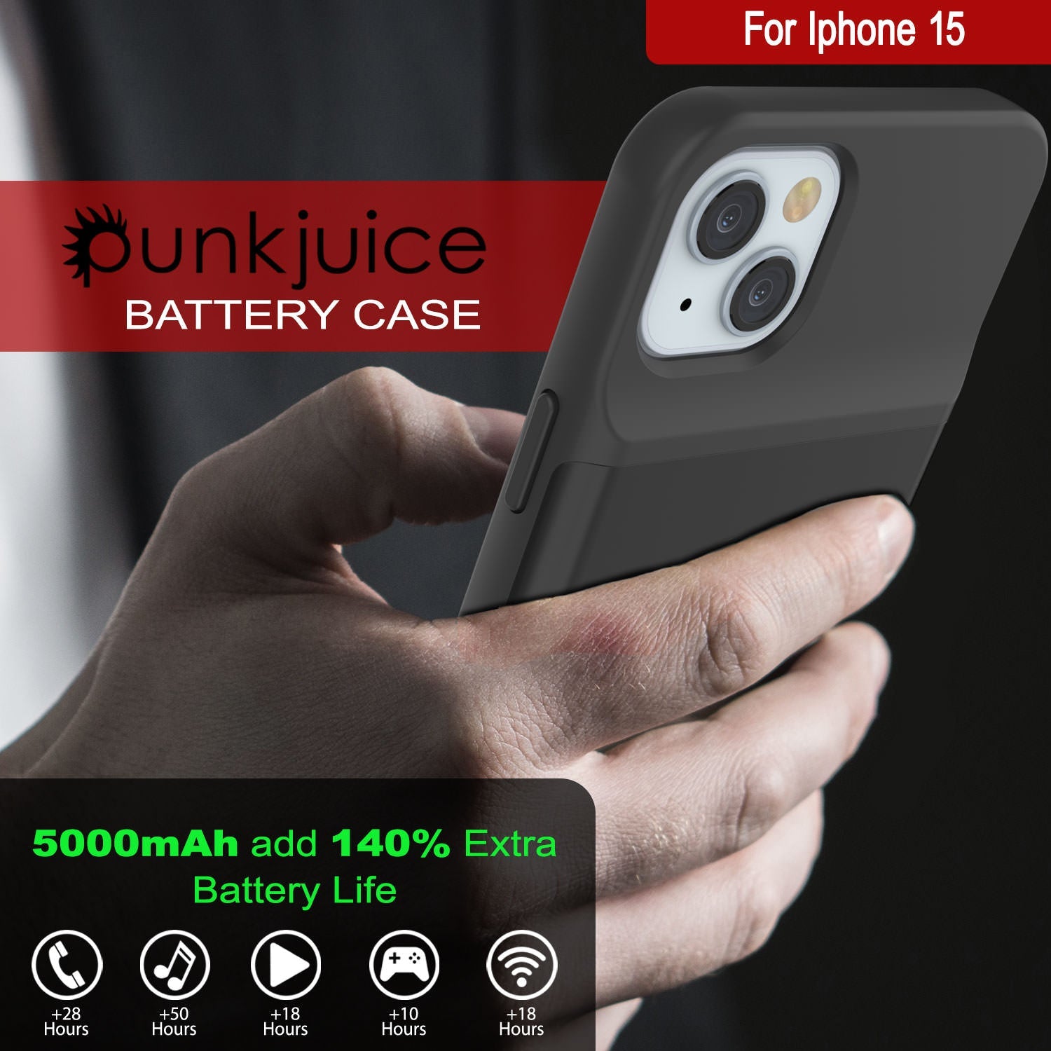 iPhone 15 Battery Case, PunkJuice 5000mAH Fast Charging Power Bank W/ Screen Protector | [Black]