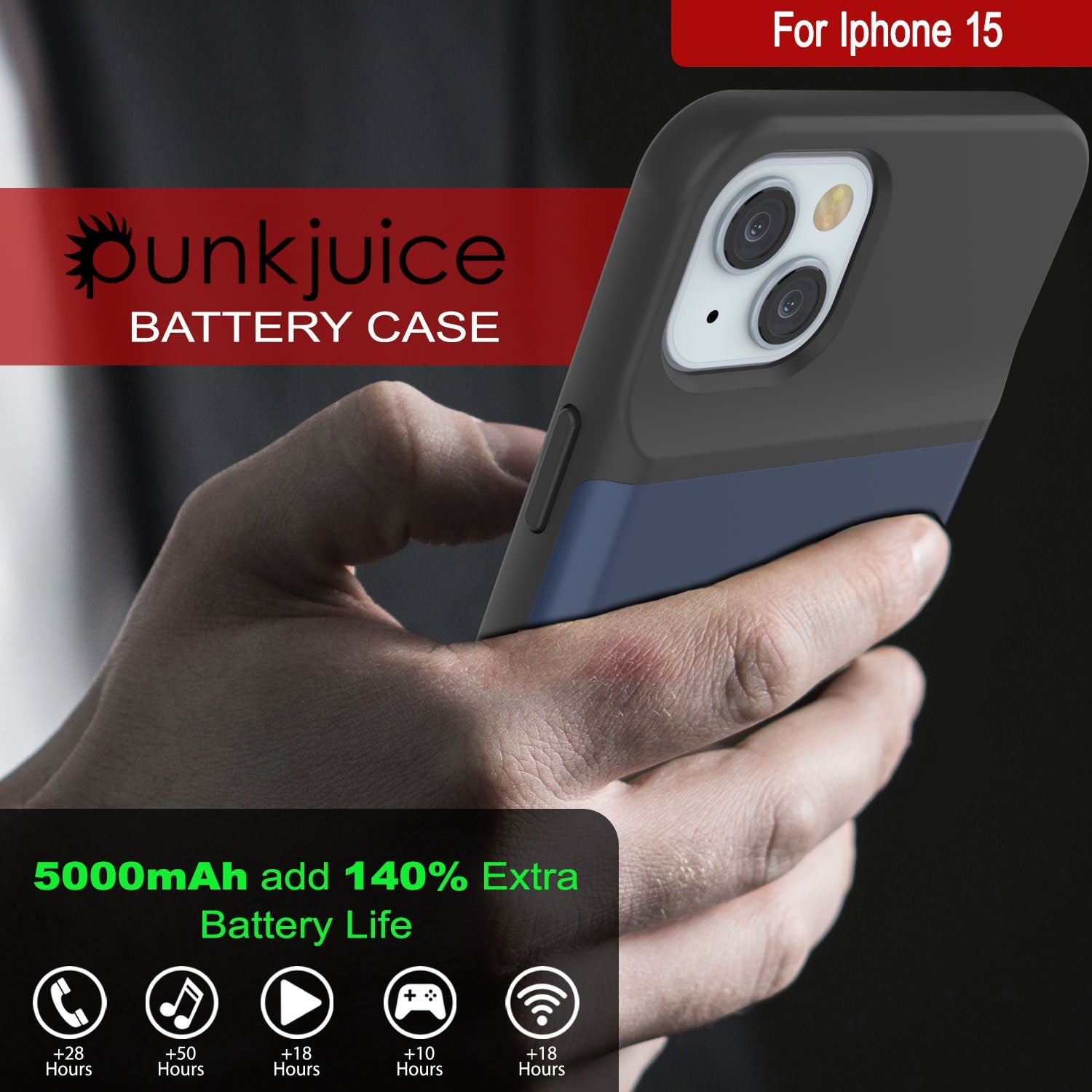 iPhone 15 Battery Case, PunkJuice 5000mAH Fast Charging Power Bank W/ Screen Protector | [Navy Blue]