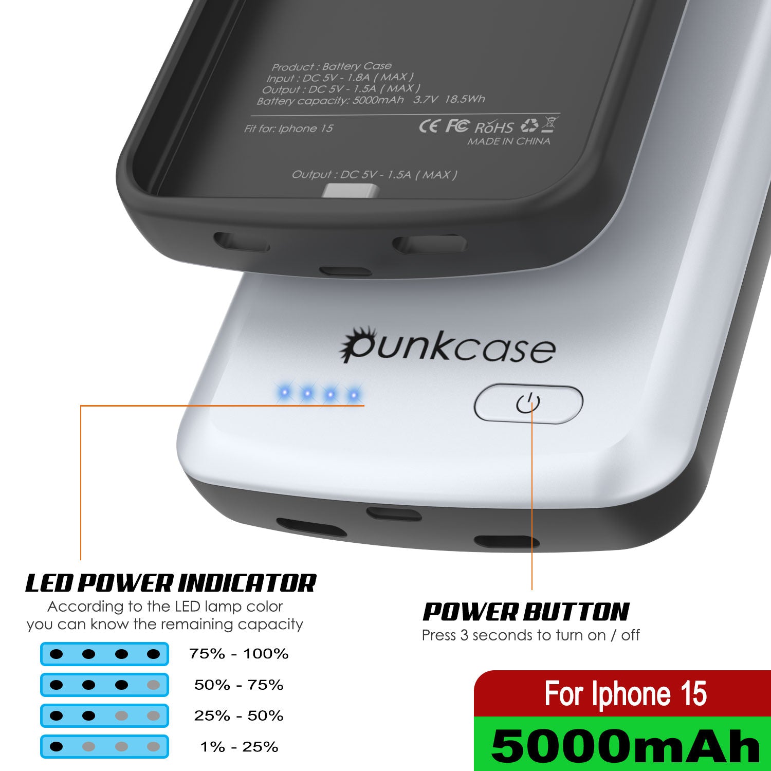 iPhone 15 Battery Case, PunkJuice 5000mAH Fast Charging Power Bank W/ Screen Protector | [White]