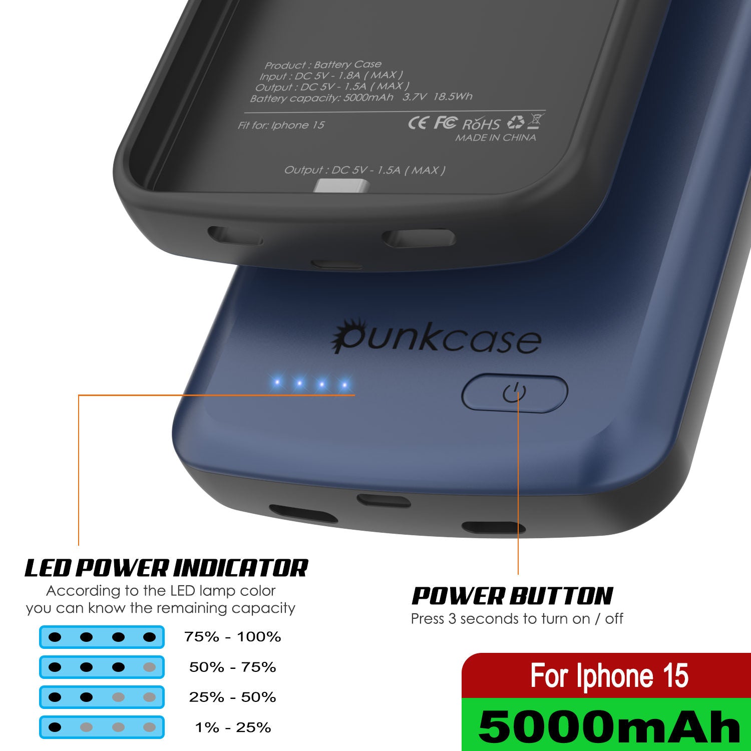 iPhone 15 Battery Case, PunkJuice 5000mAH Fast Charging Power Bank W/ Screen Protector | [Navy Blue]