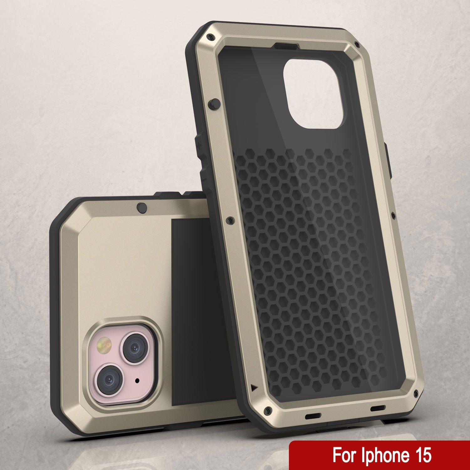 iPhone 15 Metal Case, Heavy Duty Military Grade Armor Cover [shock proof] Full Body Hard [Gold]