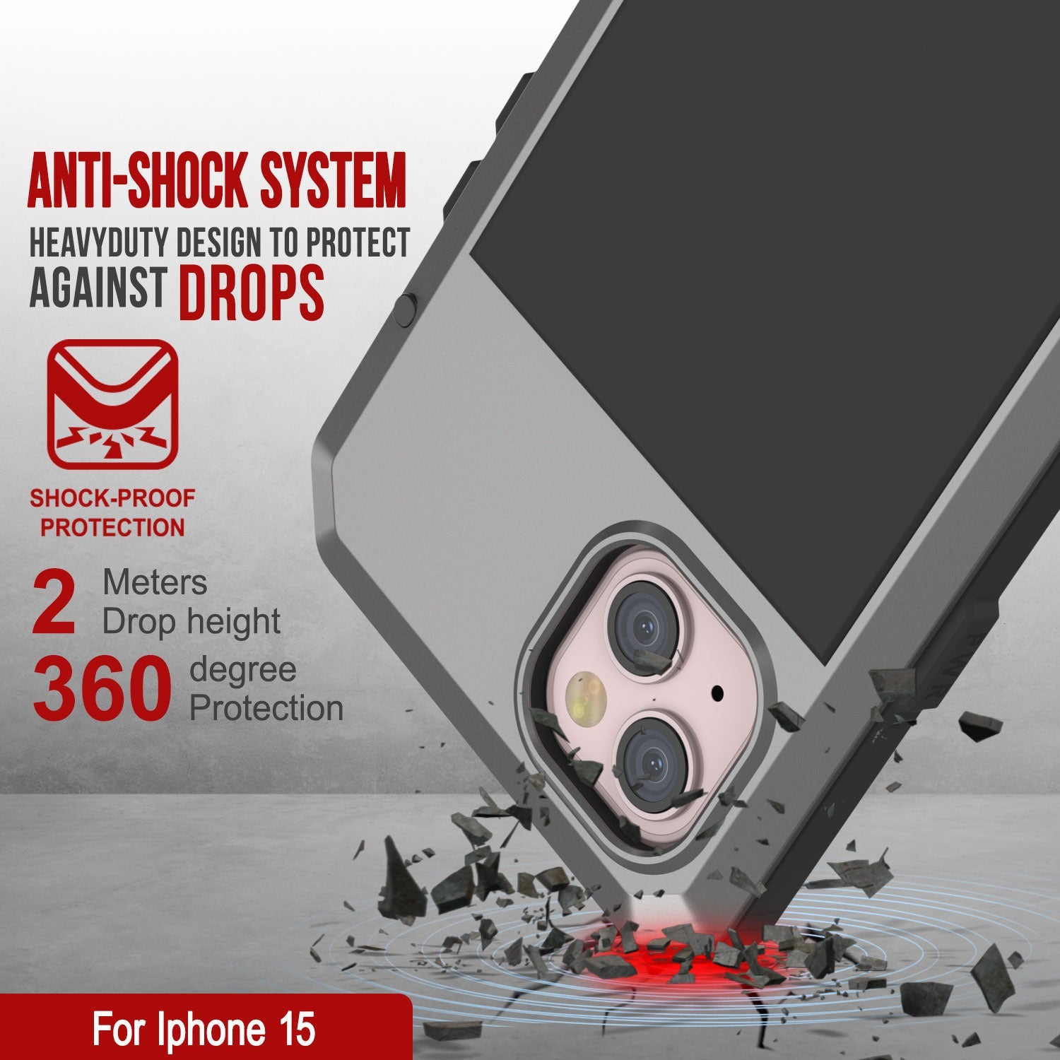 iPhone 15 Metal Case, Heavy Duty Military Grade Armor Cover [shock proof] Full Body Hard [Silver]