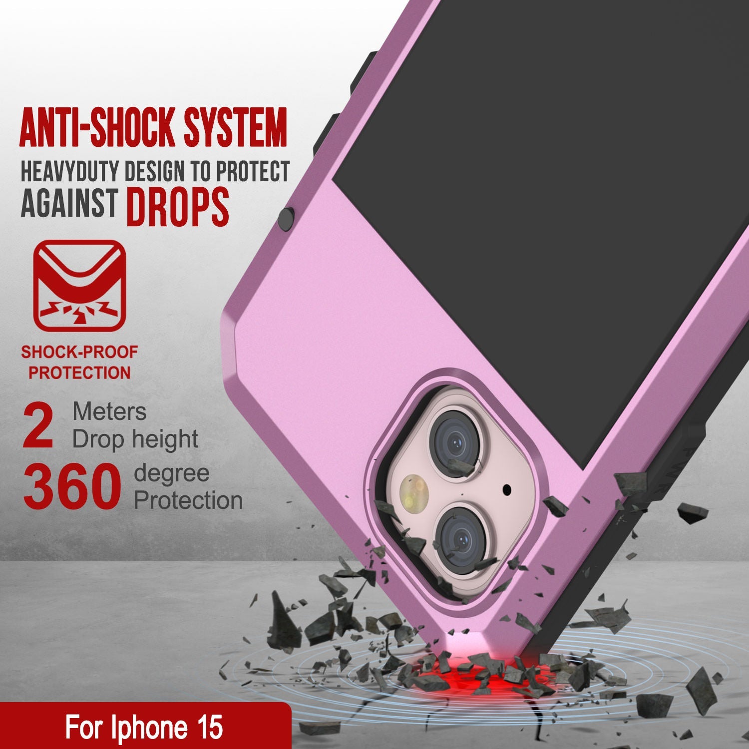 iPhone 15 Metal Case, Heavy Duty Military Grade Armor Cover [shock proof] Full Body Hard [Pink]