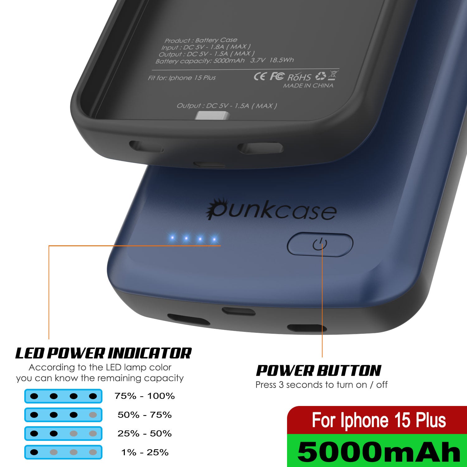 iPhone 15 Plus Battery Case, PunkJuice 5000mAH Fast Charging Power Bank W/ Screen Protector | [Navy Blue]