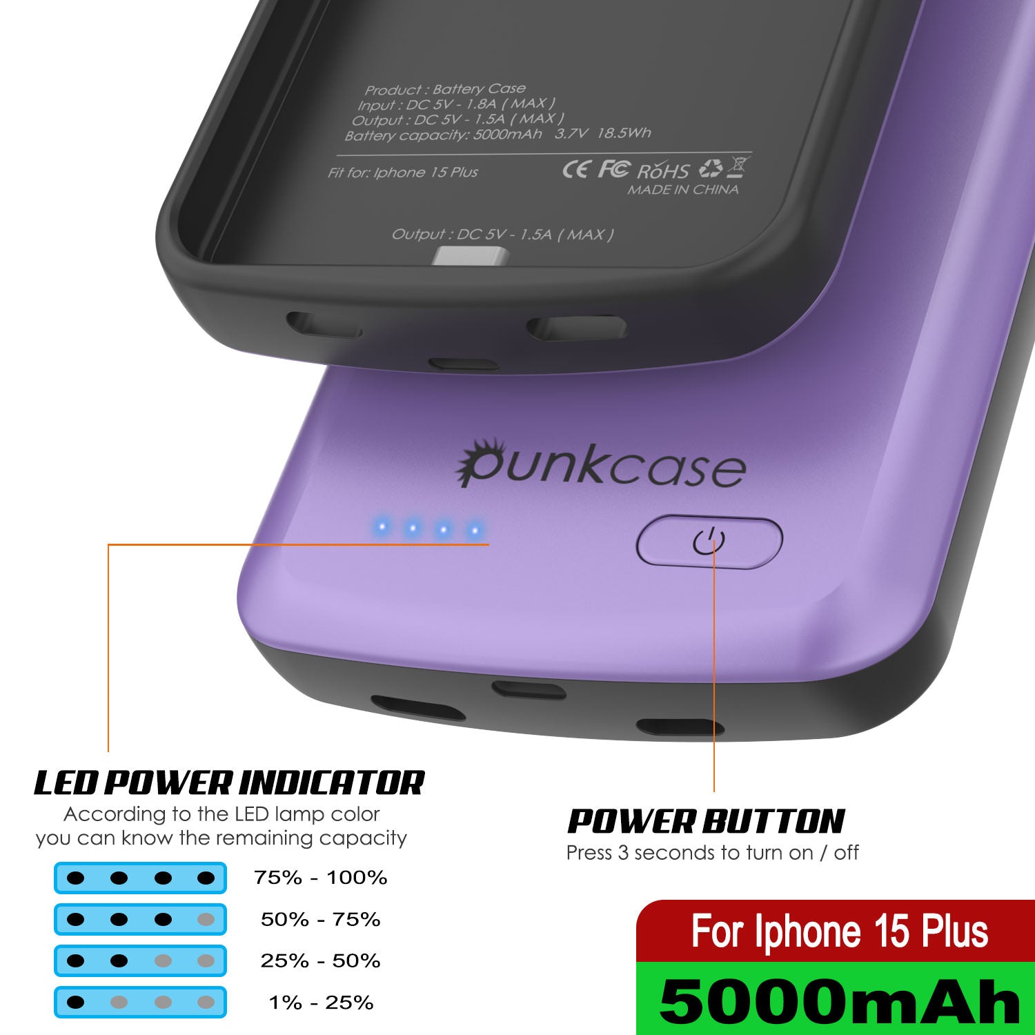 iPhone 15 Plus Battery Case, PunkJuice 5000mAH Fast Charging Power Bank W/ Screen Protector | [Purple]
