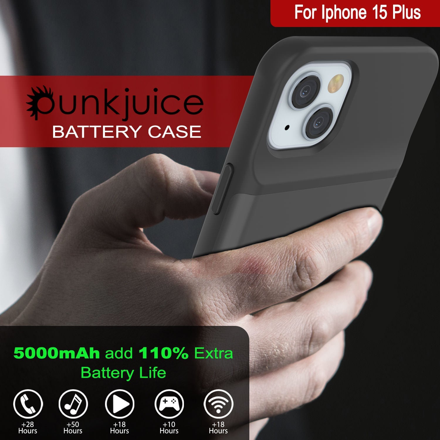 iPhone 15 Plus Battery Case, PunkJuice 5000mAH Fast Charging Power Bank W/ Screen Protector | [Grey]