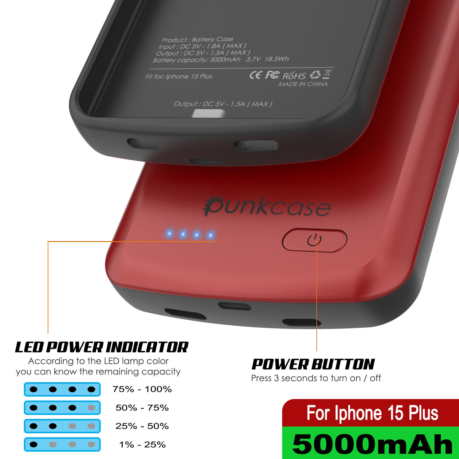 iPhone 15 Plus Battery Case, PunkJuice 5000mAH Fast Charging Power Bank W/ Screen Protector | [Red]