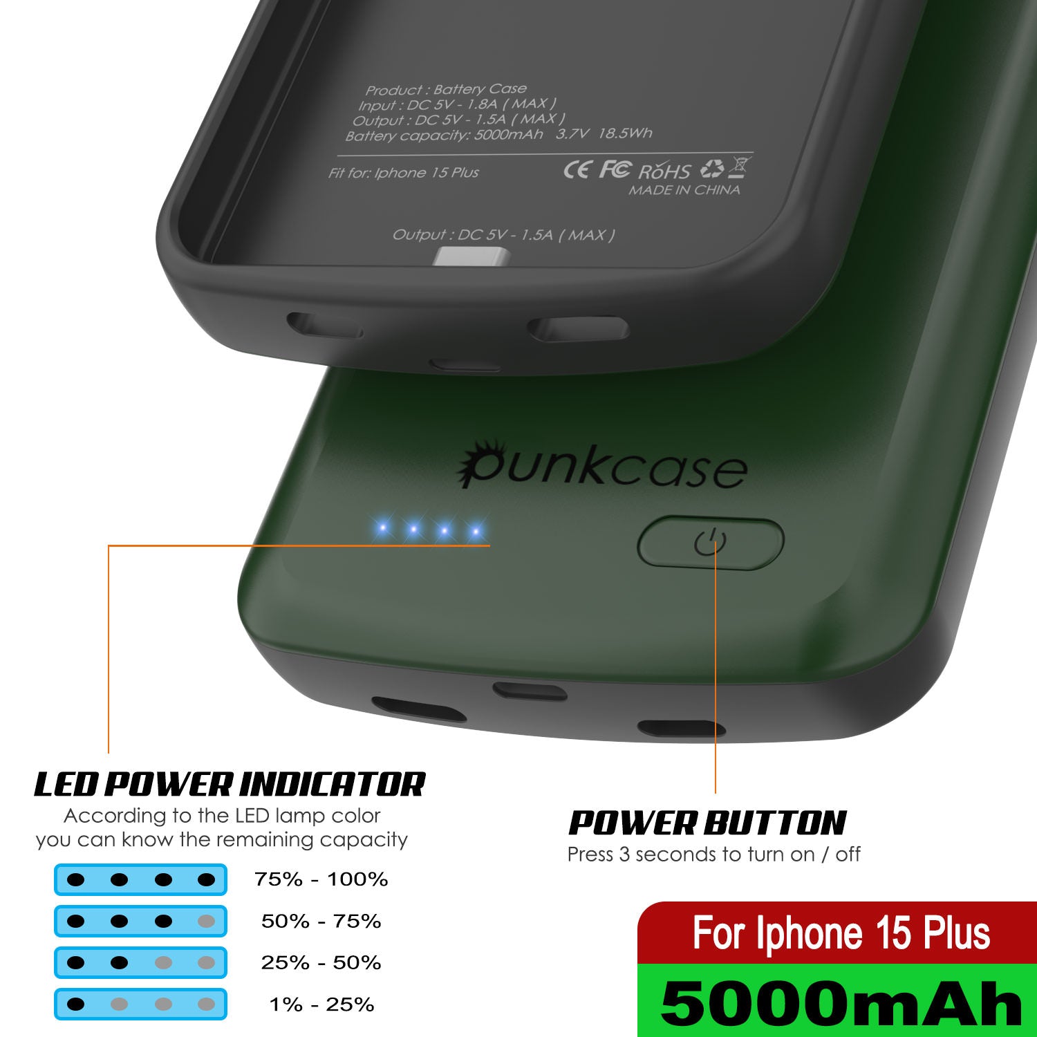iPhone 15 Plus Battery Case, PunkJuice 5000mAH Fast Charging Power Bank W/ Screen Protector | [Green]