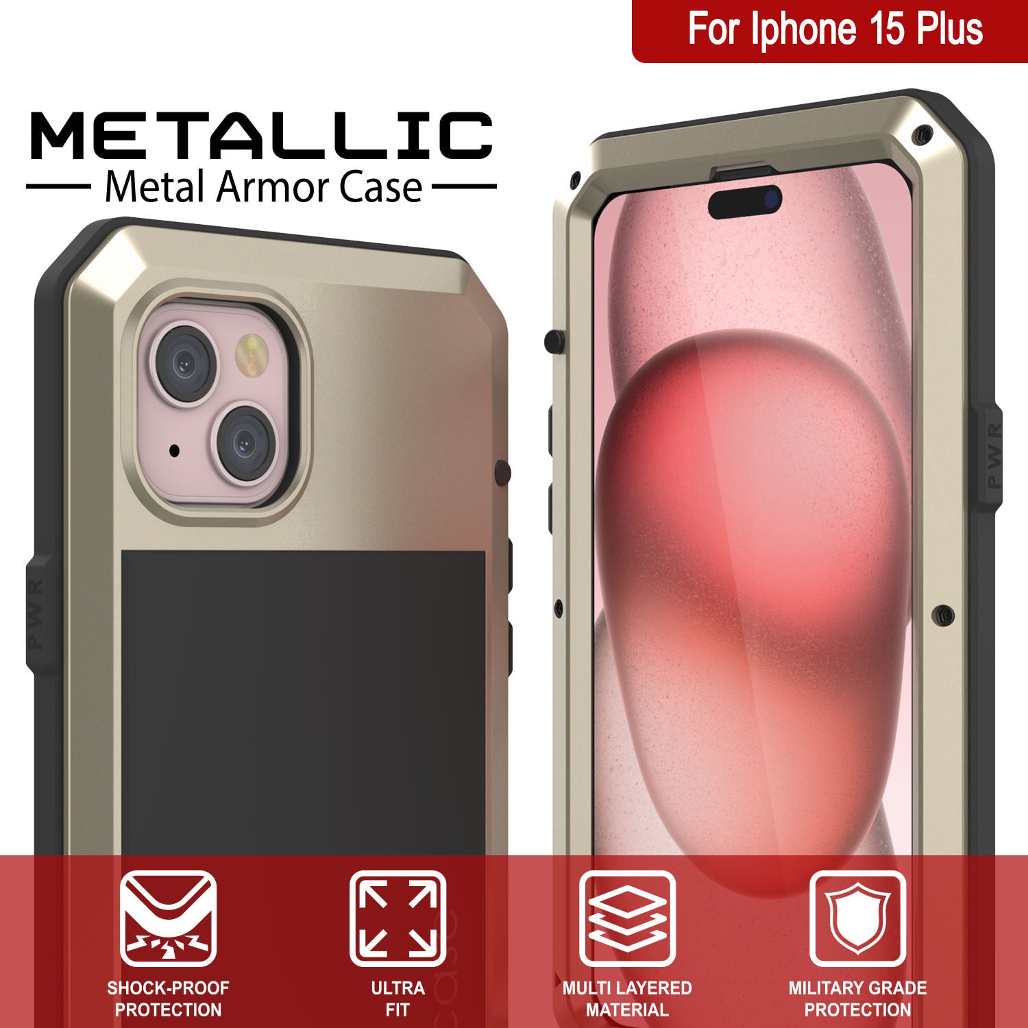 iPhone 15 Plus Metal Case, Heavy Duty Military Grade Armor Cover [shock proof] Full Body Hard [Gold]