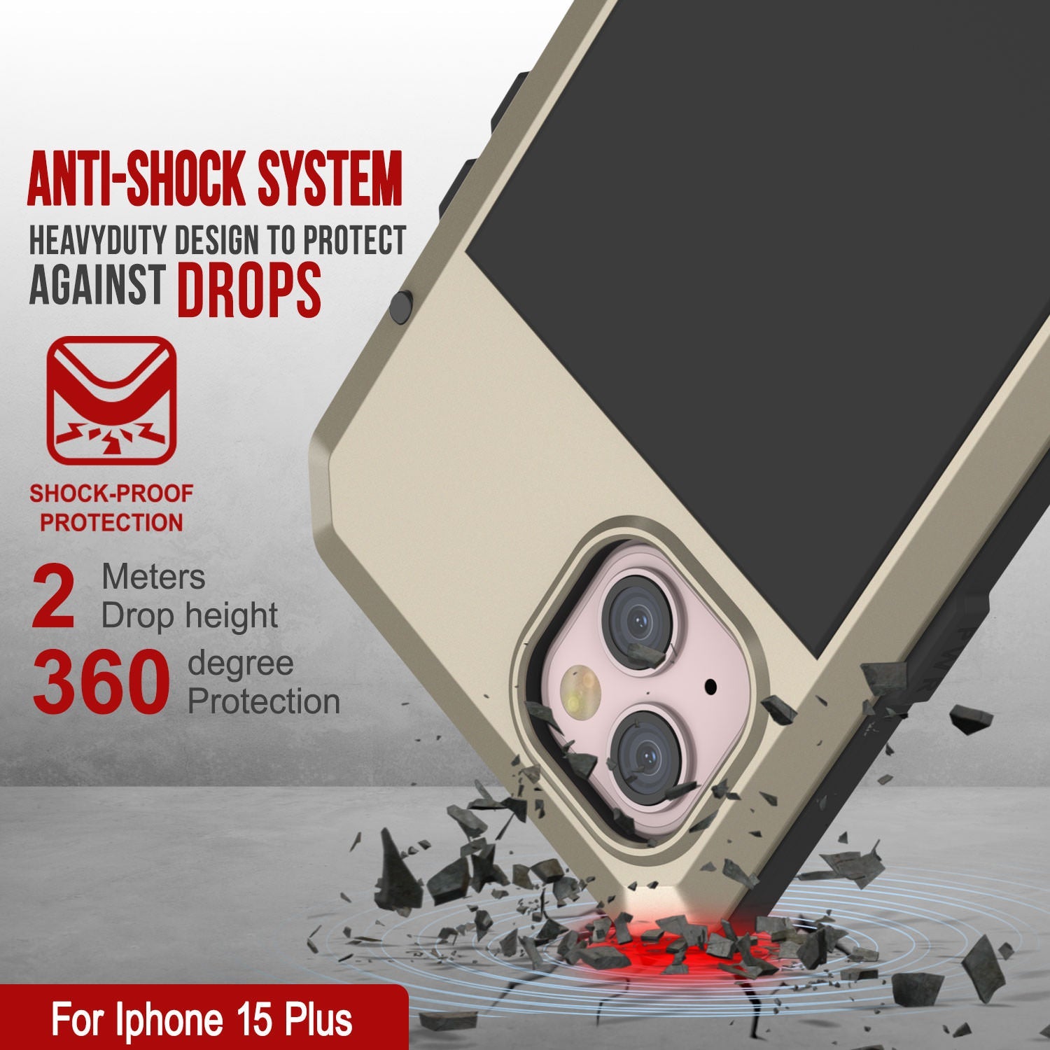 iPhone 15 Plus Metal Case, Heavy Duty Military Grade Armor Cover [shock proof] Full Body Hard [Gold]