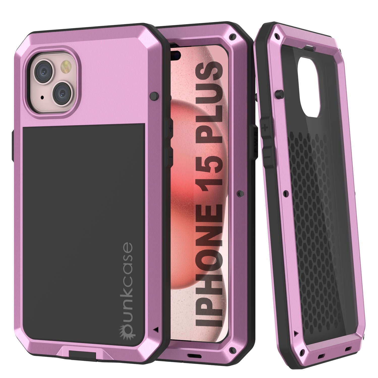 iPhone 15 Plus Metal Case, Heavy Duty Military Grade Armor Cover [shock proof] Full Body Hard [Pink]