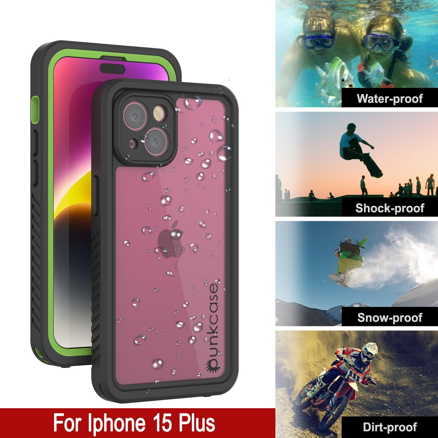 iPhone 15 Plus Waterproof Case, Punkcase [Extreme Series] Armor Cover W/ Built In Screen Protector [Light Green]