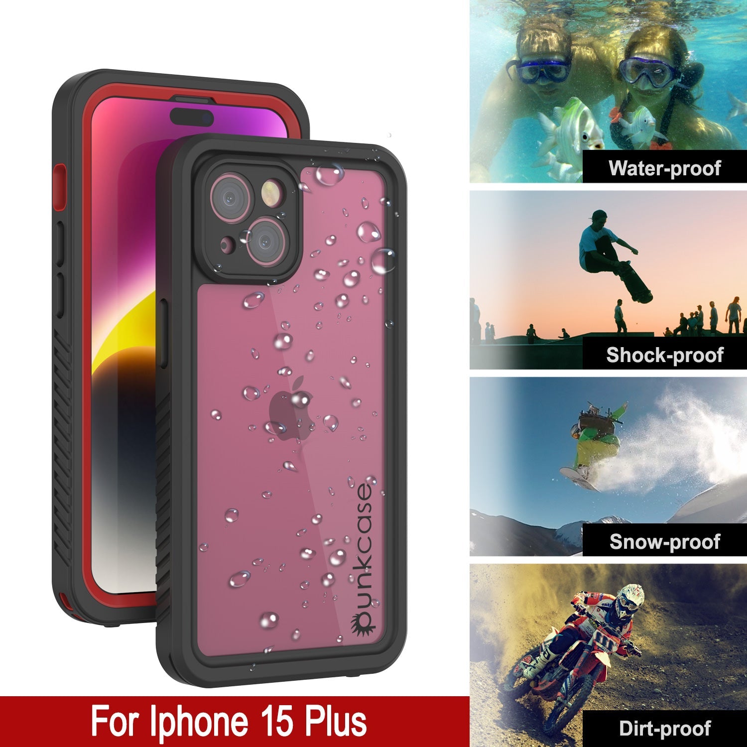iPhone 15 Plus Waterproof Case, Punkcase [Extreme Series] Armor Cover W/ Built In Screen Protector [Red]