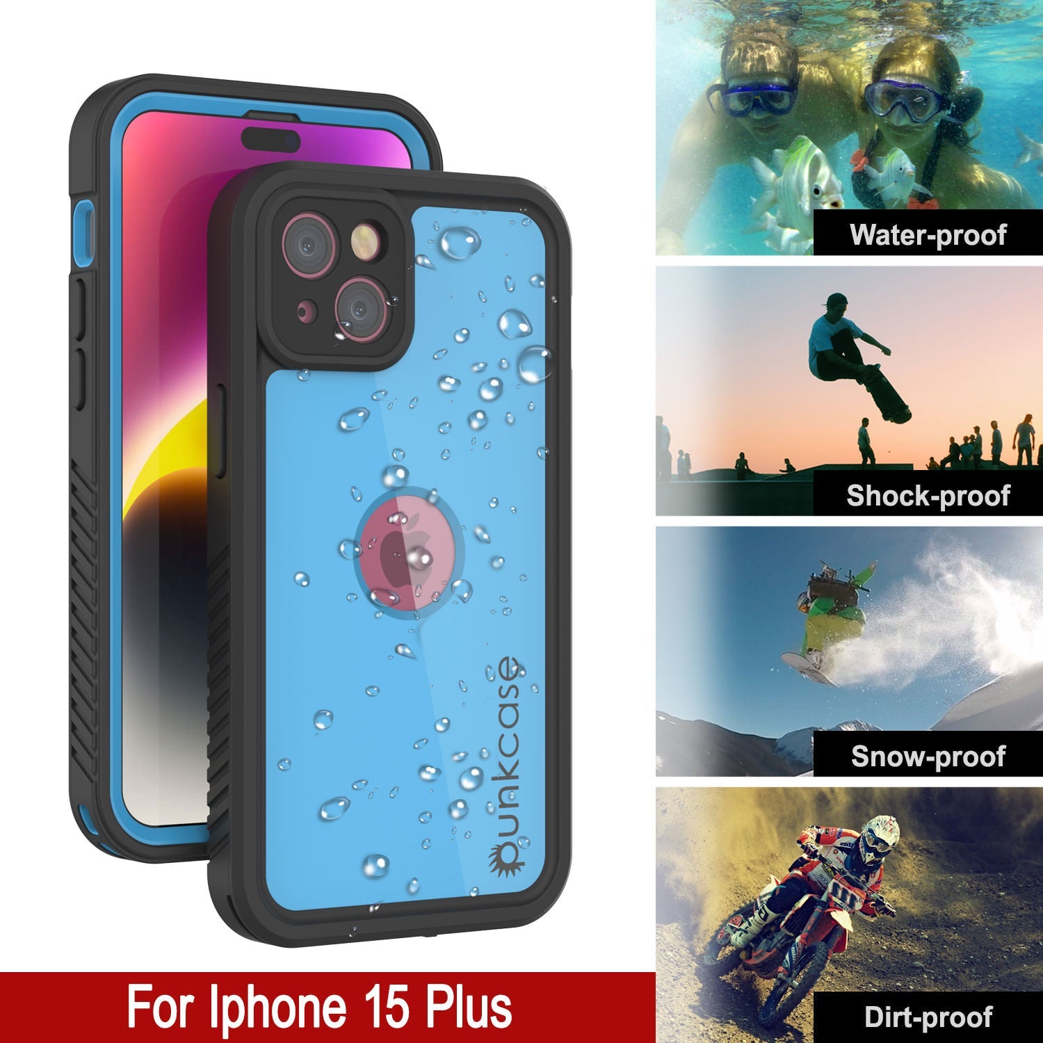 iPhone 15 Plus Waterproof IP68 Case, Punkcase [Light blue] [StudStar Series] [Slim Fit] [Dirtproof]