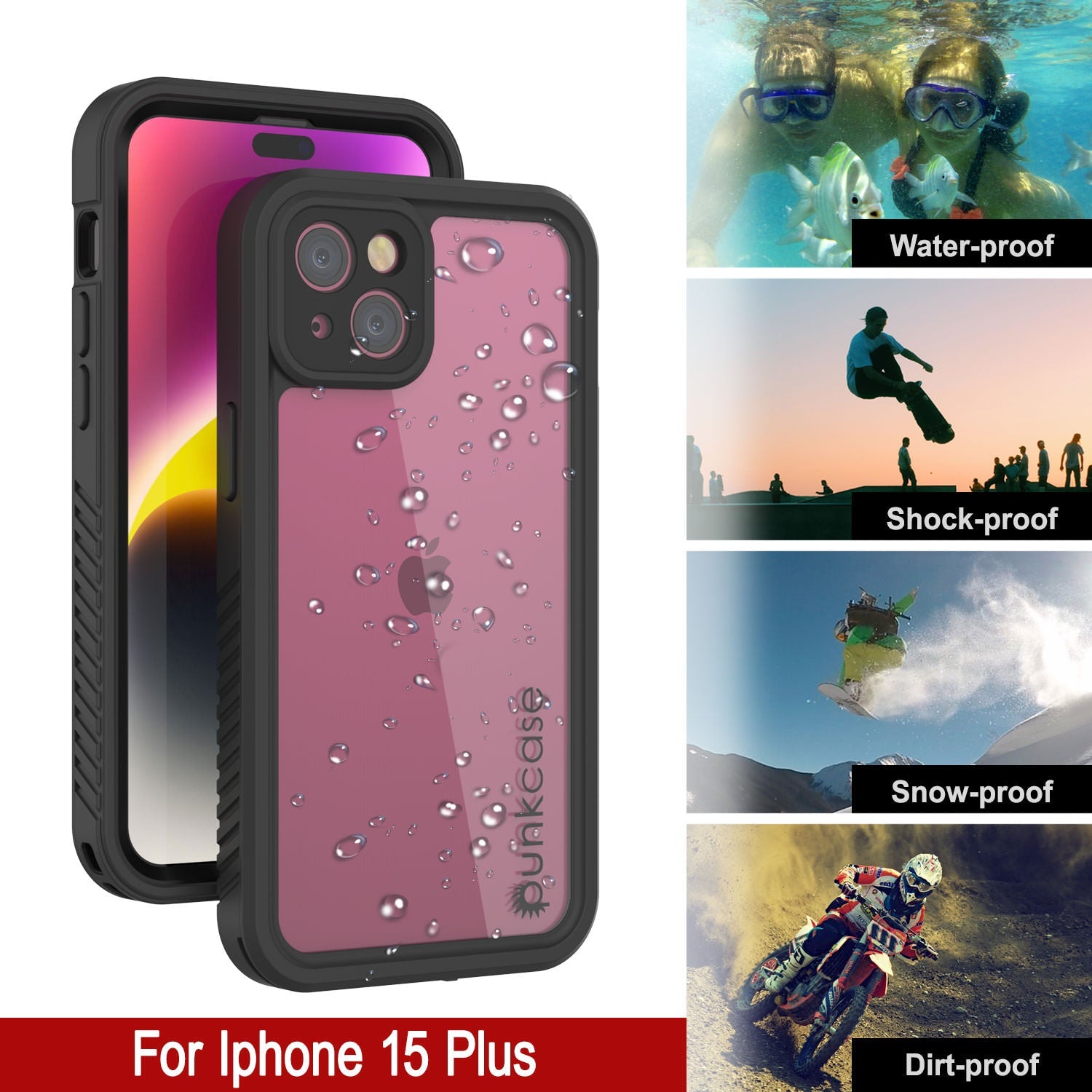 iPhone 15 Plus Waterproof IP68 Case, Punkcase [Clear] [StudStar Series] [Slim Fit] [Dirtproof]