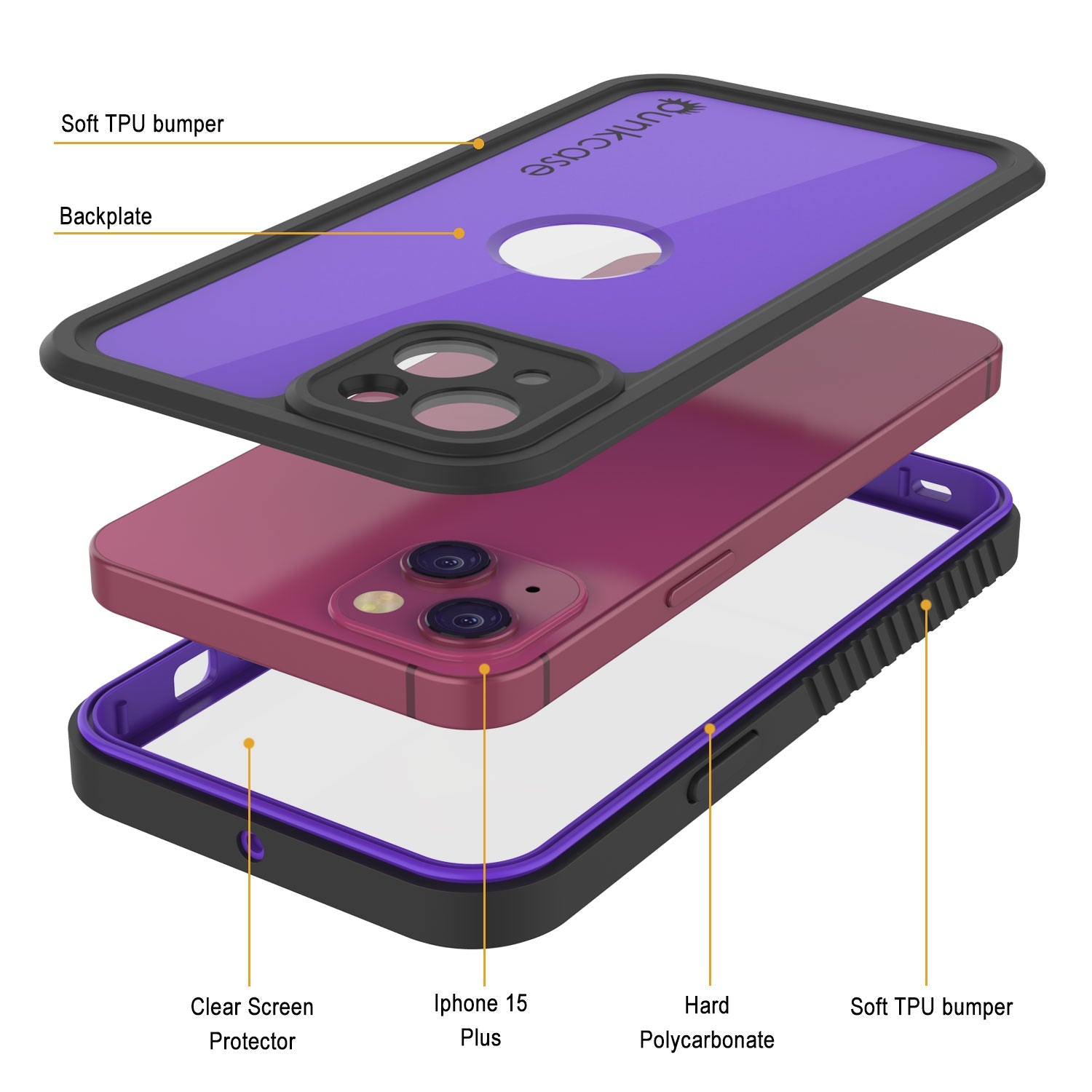 iPhone 15 Plus Waterproof IP68 Case, Punkcase [Purple] [StudStar Series] [Slim Fit] [Dirtproof]