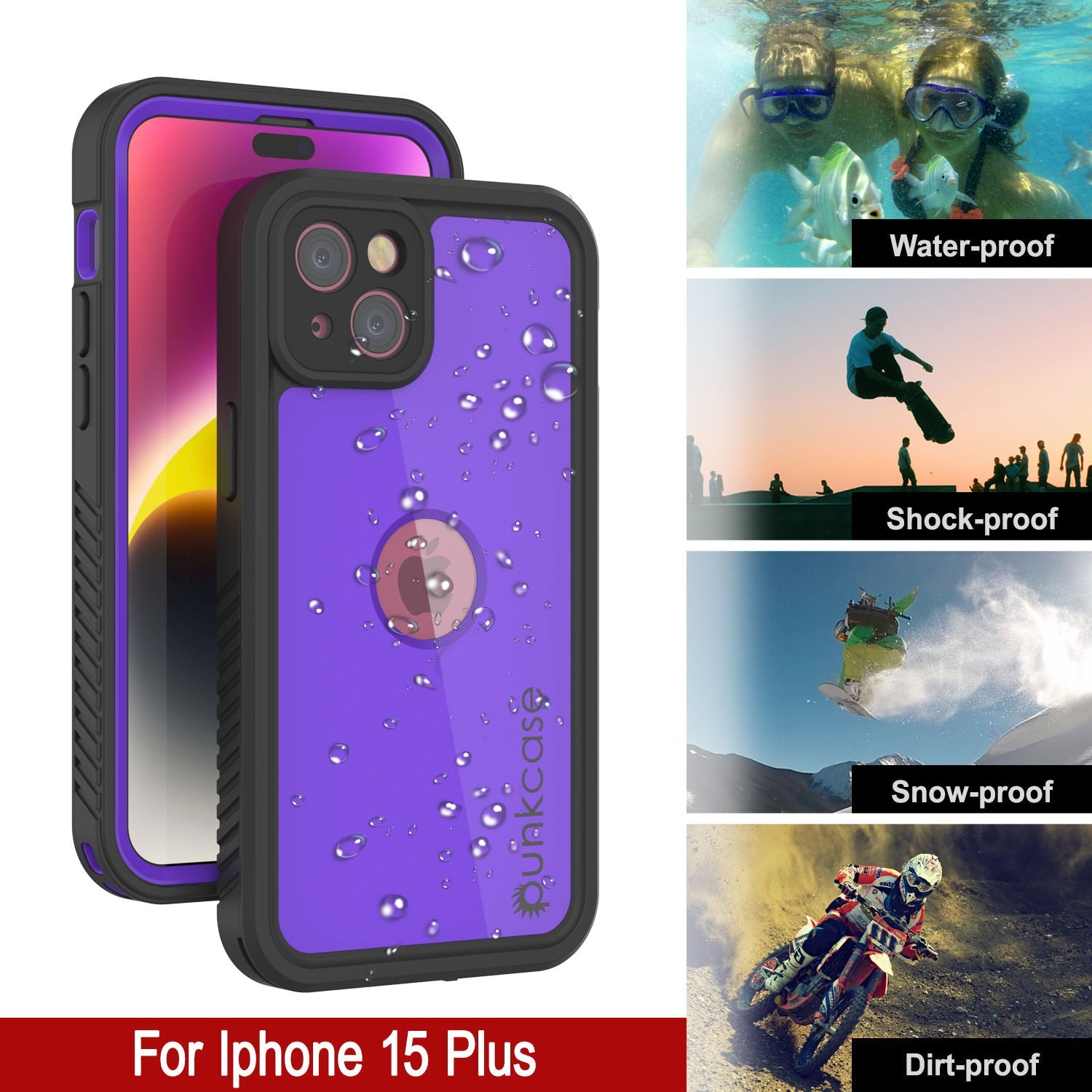 iPhone 15 Plus Waterproof IP68 Case, Punkcase [Purple] [StudStar Series] [Slim Fit] [Dirtproof]