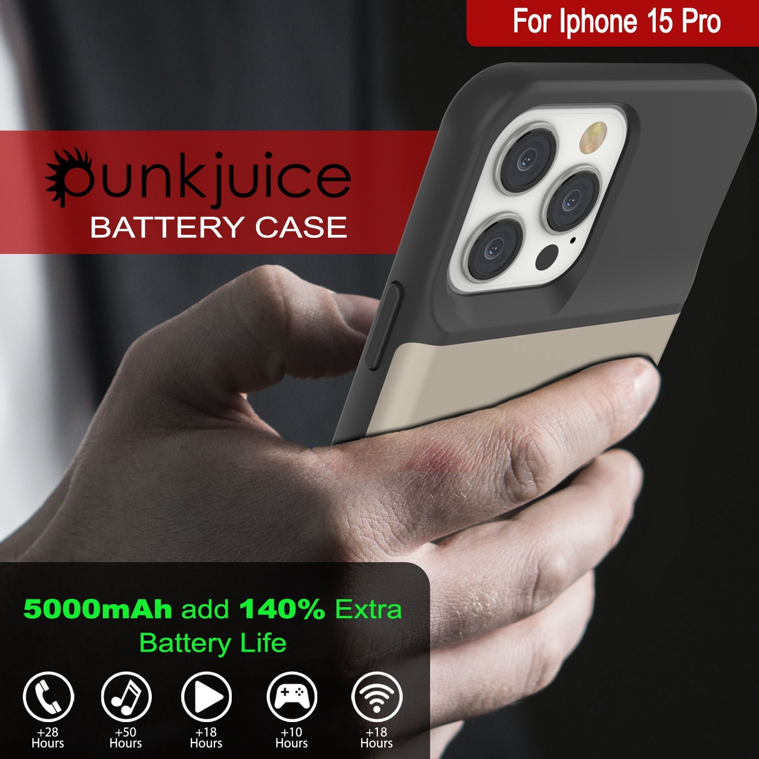 iPhone 15 Pro Battery Case, PunkJuice 5000mAH Fast Charging Power Bank W/ Screen Protector | [Gold]