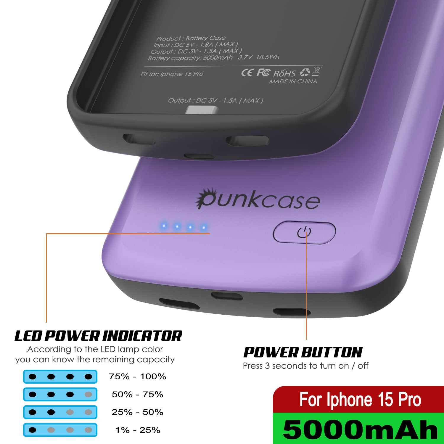 iPhone 15 Pro Battery Case, PunkJuice 5000mAH Fast Charging Power Bank W/ Screen Protector | [Purple]