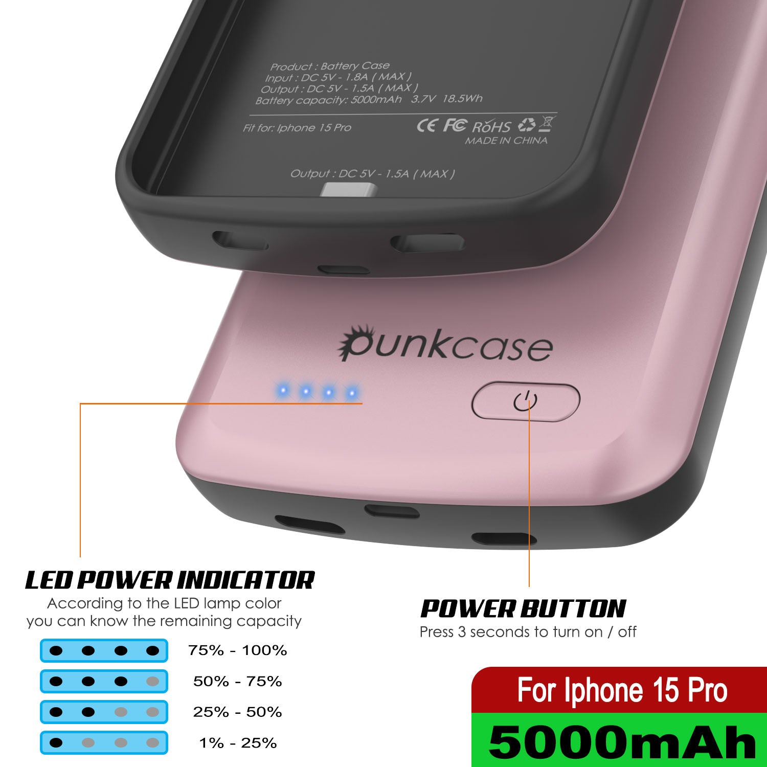 iPhone 15 Pro Battery Case, PunkJuice 5000mAH Fast Charging Power Bank W/ Screen Protector | [Rose-Gold]