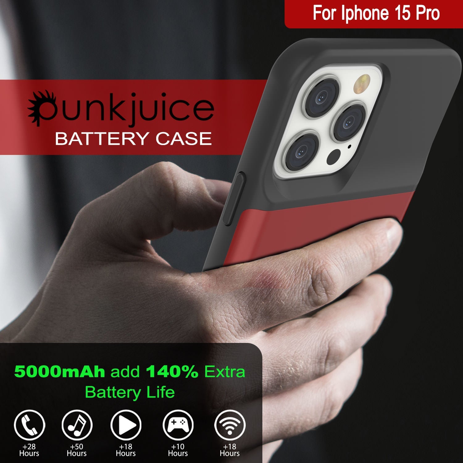 iPhone 15 Pro Battery Case, PunkJuice 5000mAH Fast Charging Power Bank W/ Screen Protector | [Red]