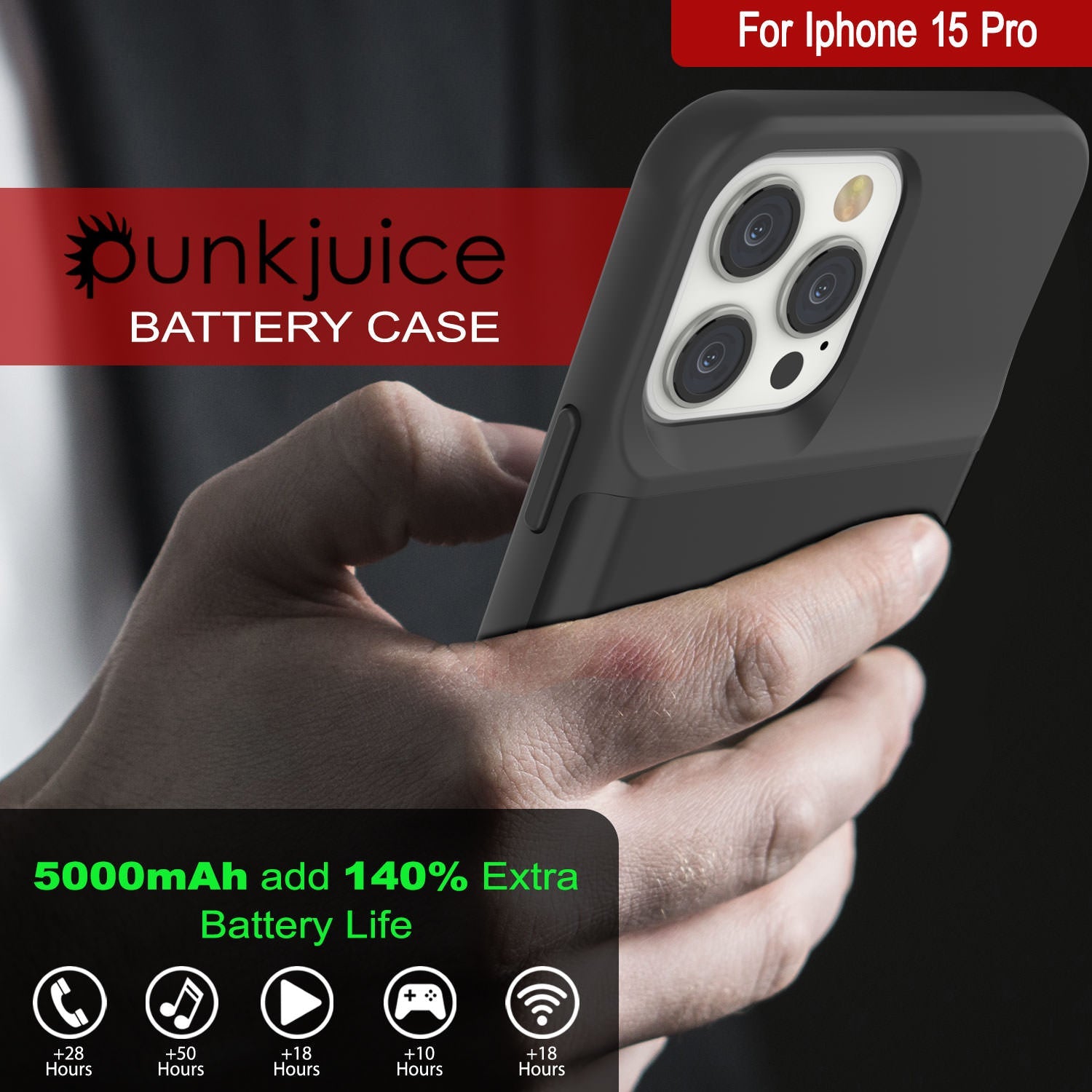 iPhone 15 Pro Battery Case, PunkJuice 5000mAH Fast Charging Power Bank W/ Screen Protector | [Black]
