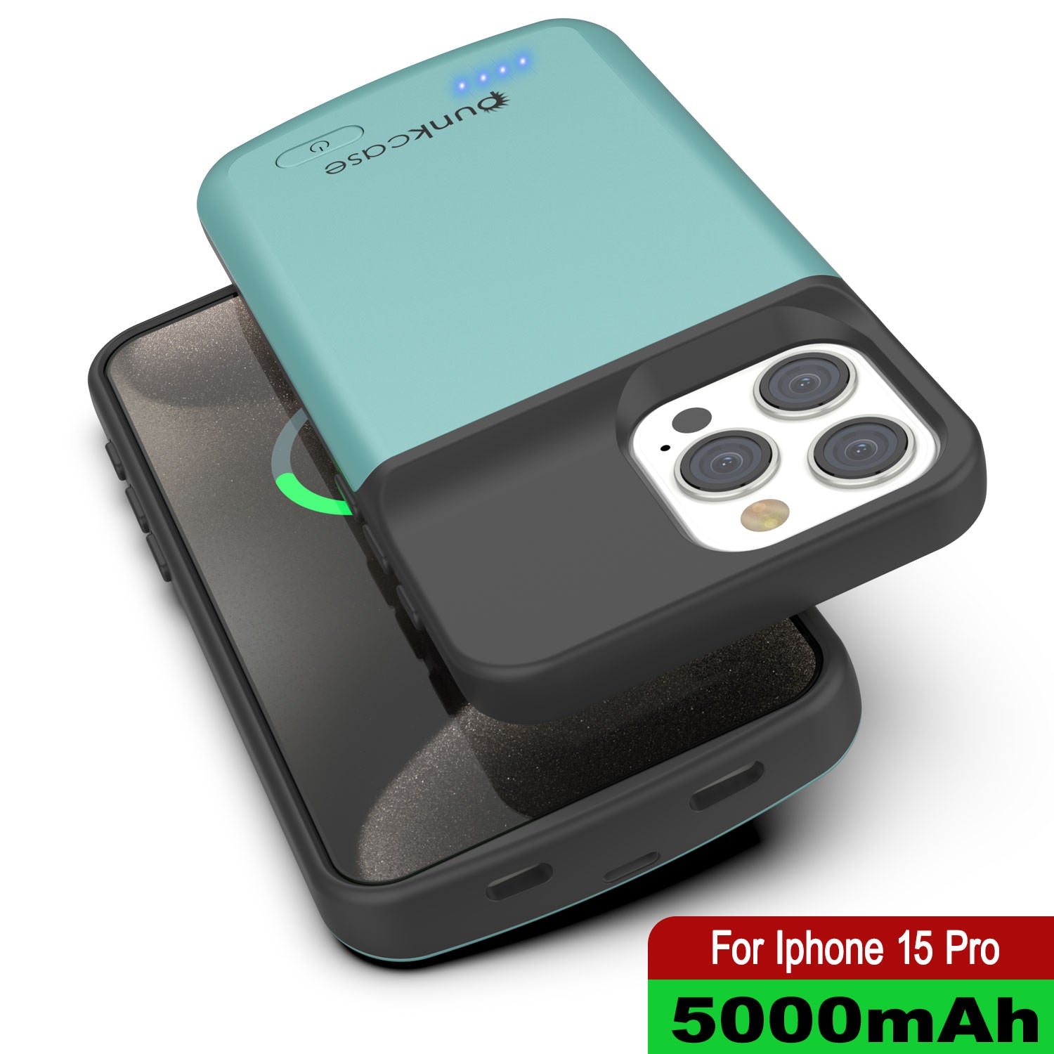 iPhone 15 Pro Battery Case, PunkJuice 5000mAH Fast Charging Power Bank W/ Screen Protector | [Teal]