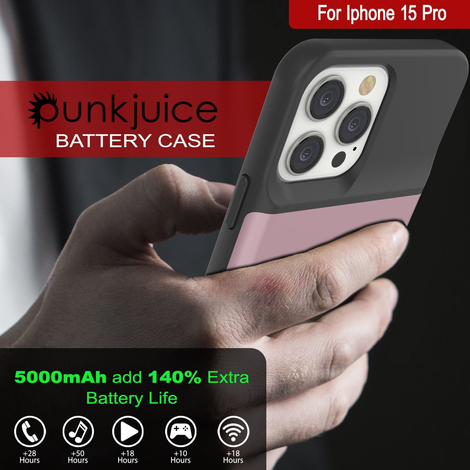 iPhone 15 Pro Battery Case, PunkJuice 5000mAH Fast Charging Power Bank W/ Screen Protector | [Rose-Gold]