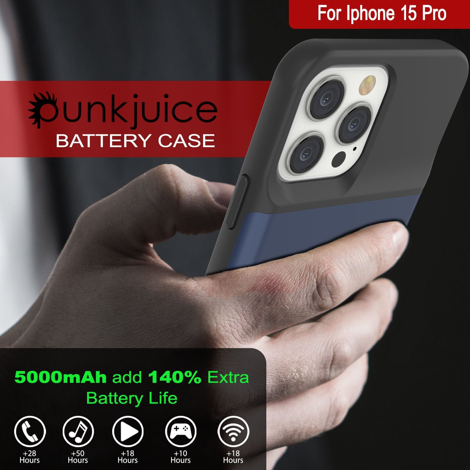 iPhone 15 Pro Battery Case, PunkJuice 5000mAH Fast Charging Power Bank W/ Screen Protector | [Navy Blue]