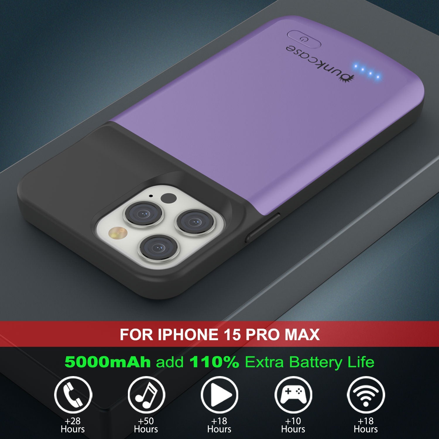 iPhone 15 Pro Max Battery Case, PunkJuice 5000mAH Fast Charging Power Bank W/ Screen Protector | [Purple]