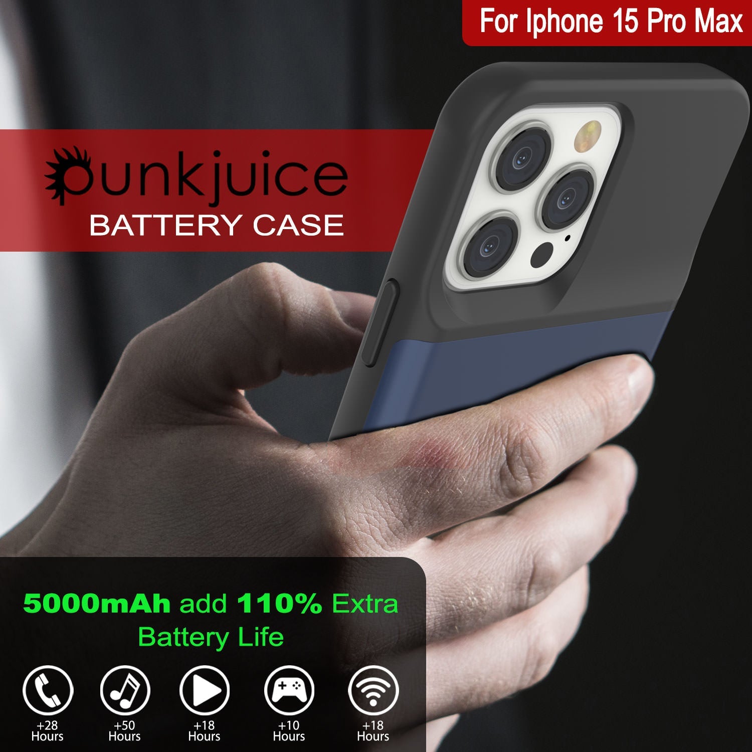 iPhone 15 Pro Max Battery Case, PunkJuice 5000mAH Fast Charging Power Bank W/ Screen Protector | [Navy Blue]