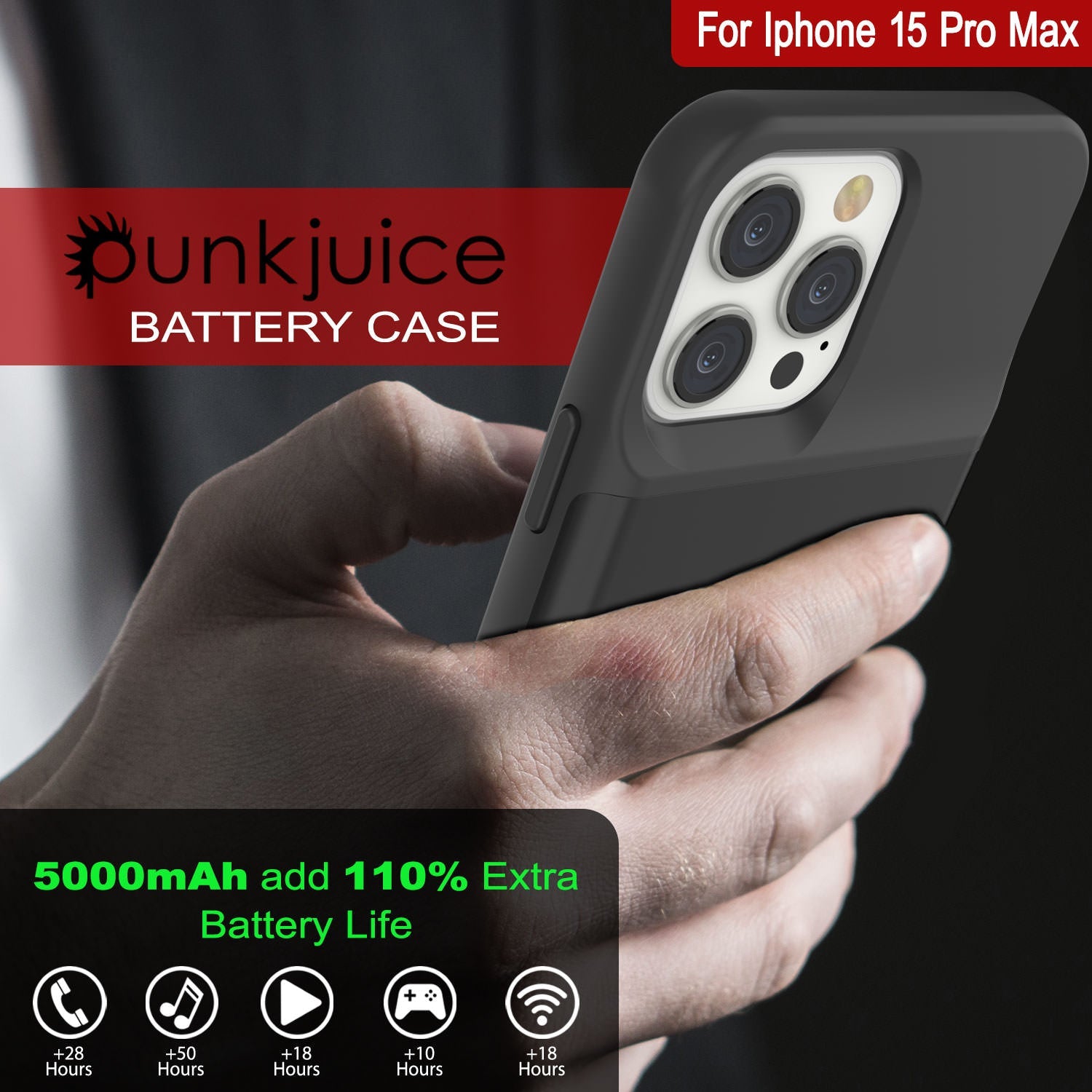 iPhone 15 Pro Max Battery Case, PunkJuice 5000mAH Fast Charging Power Bank W/ Screen Protector | [Black]