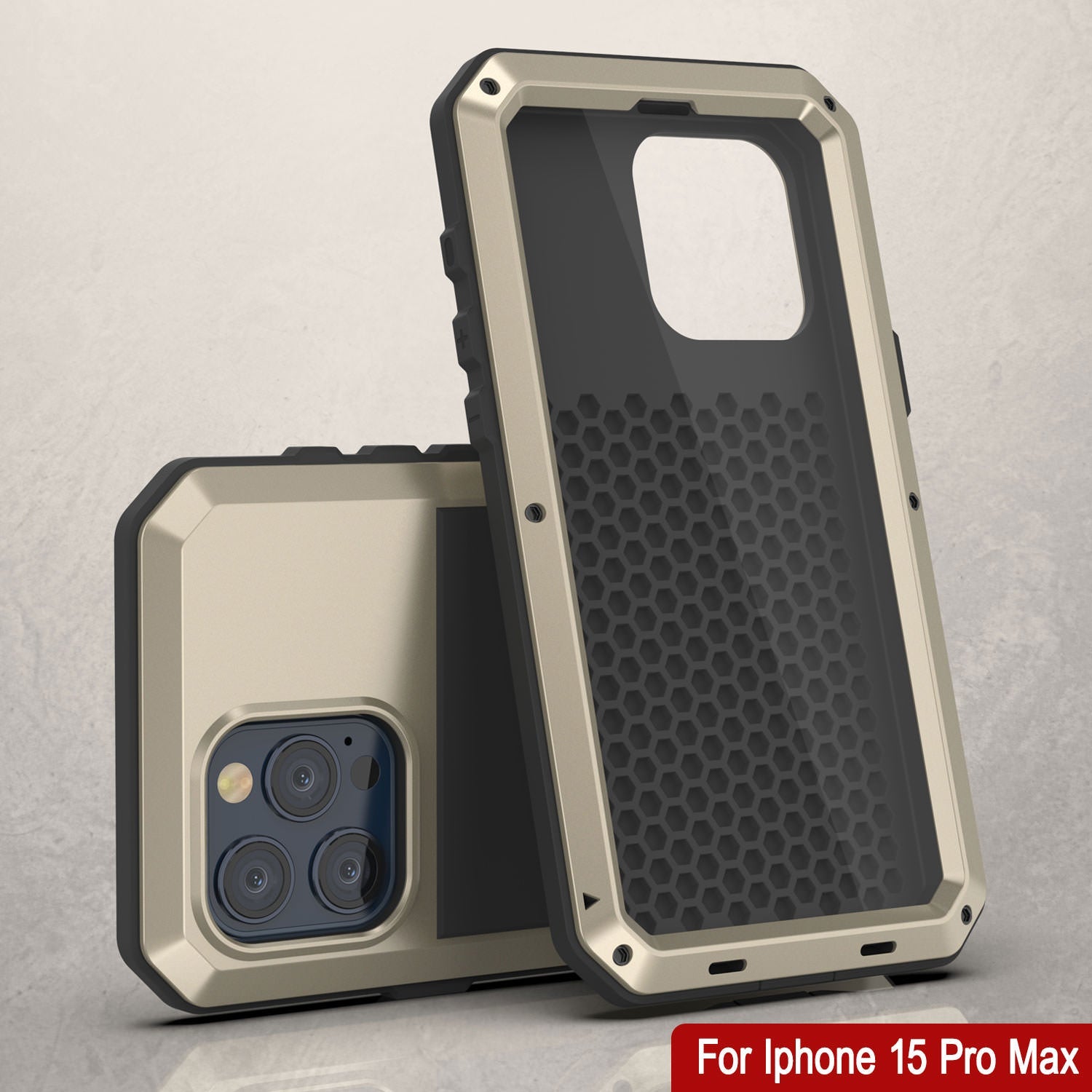 iPhone 15 Pro Max Metal Case, Heavy Duty Military Grade Armor Cover [shock proof] Full Body Hard [Gold]