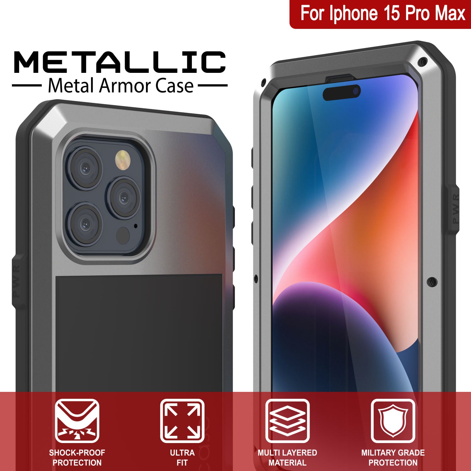 iPhone 15 Pro Max Metal Case, Heavy Duty Military Grade Armor Cover [shock proof] Full Body Hard [Silver]