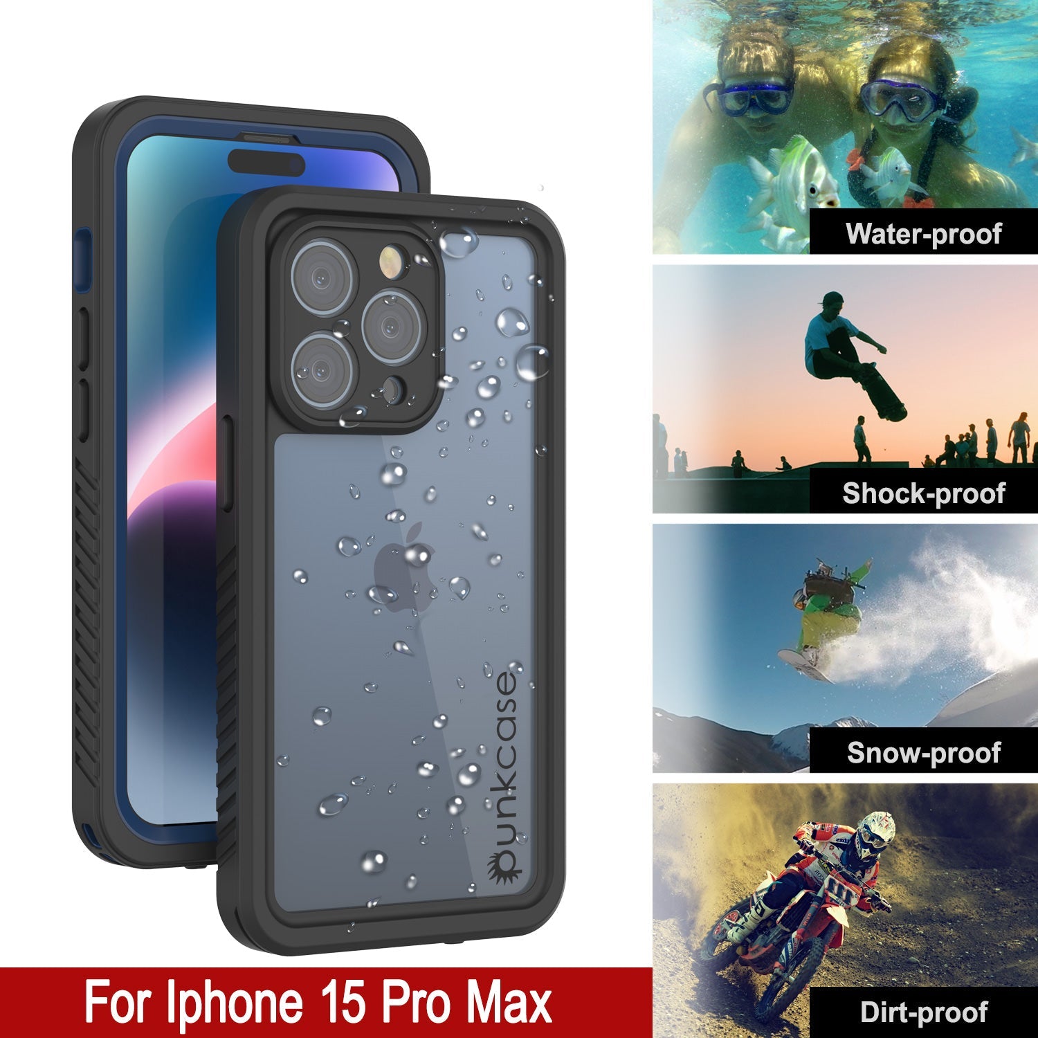 iPhone 15 Pro Max Waterproof Case, Punkcase [Extreme Series] Armor Cover W/ Built In Screen Protector [Navy Blue]