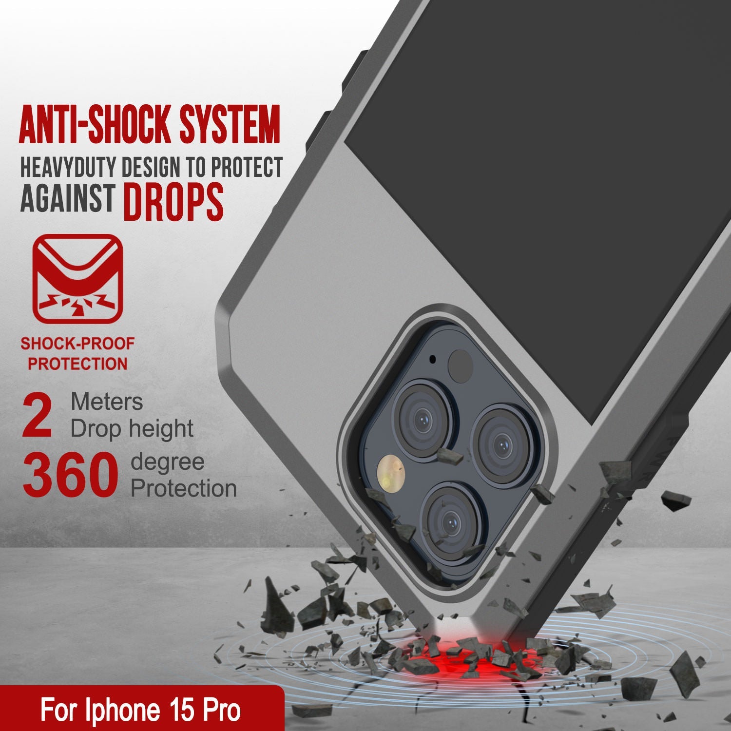 iPhone 15 Pro Metal Case, Heavy Duty Military Grade Armor Cover [shock proof] Full Body Hard [Silver]